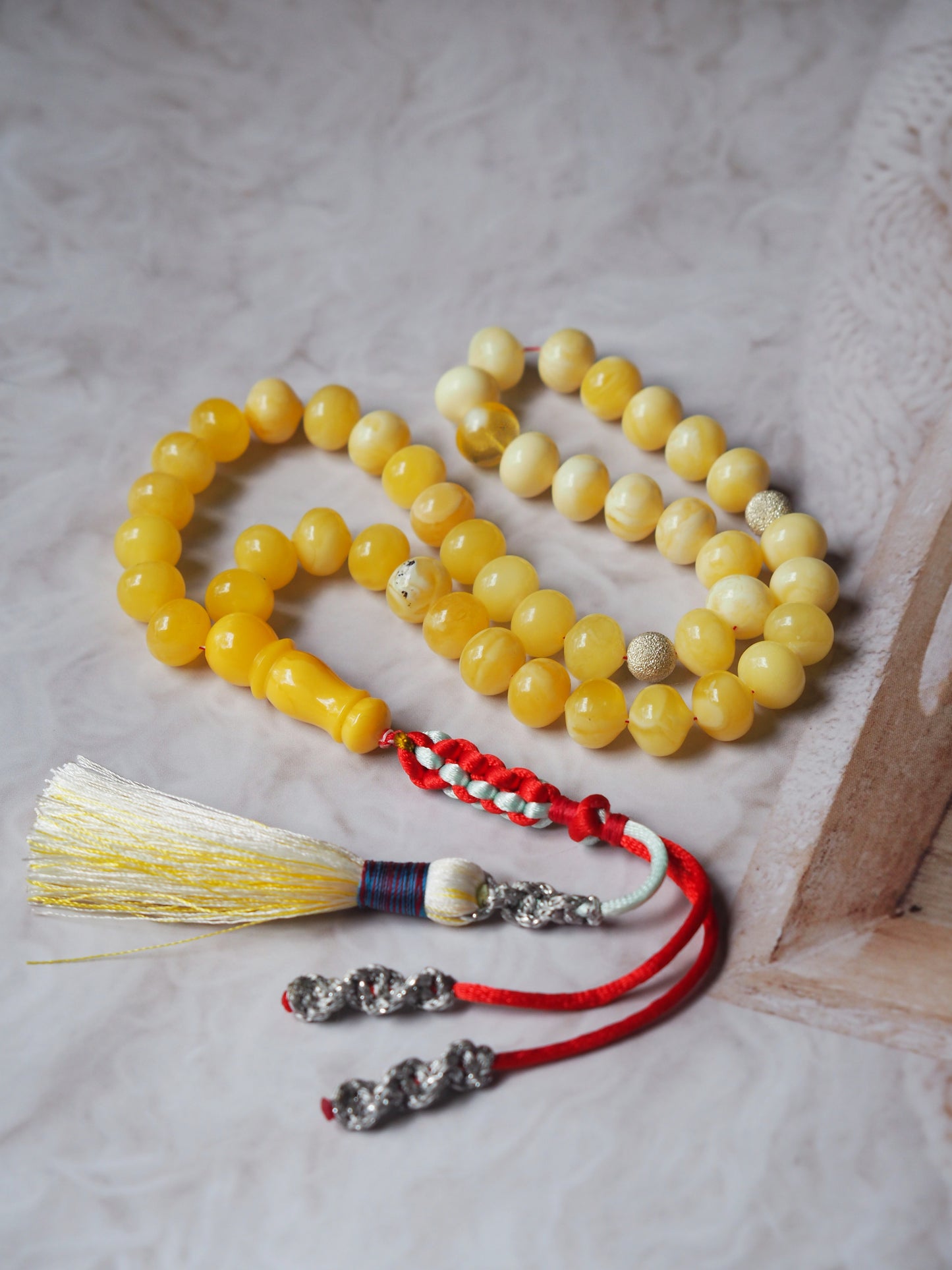 Royal White and Butterscotch Natural Amber Tasbih 45 Istanbul Shape Beads