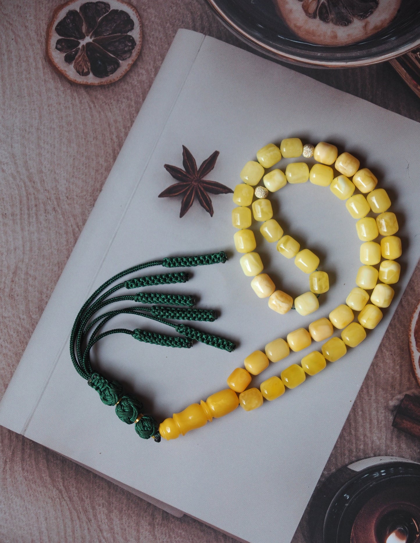 Natural Pocket Size Milk and Aged Butterscotch Gradient Amber Barrel Shape Rosary 45 Beads