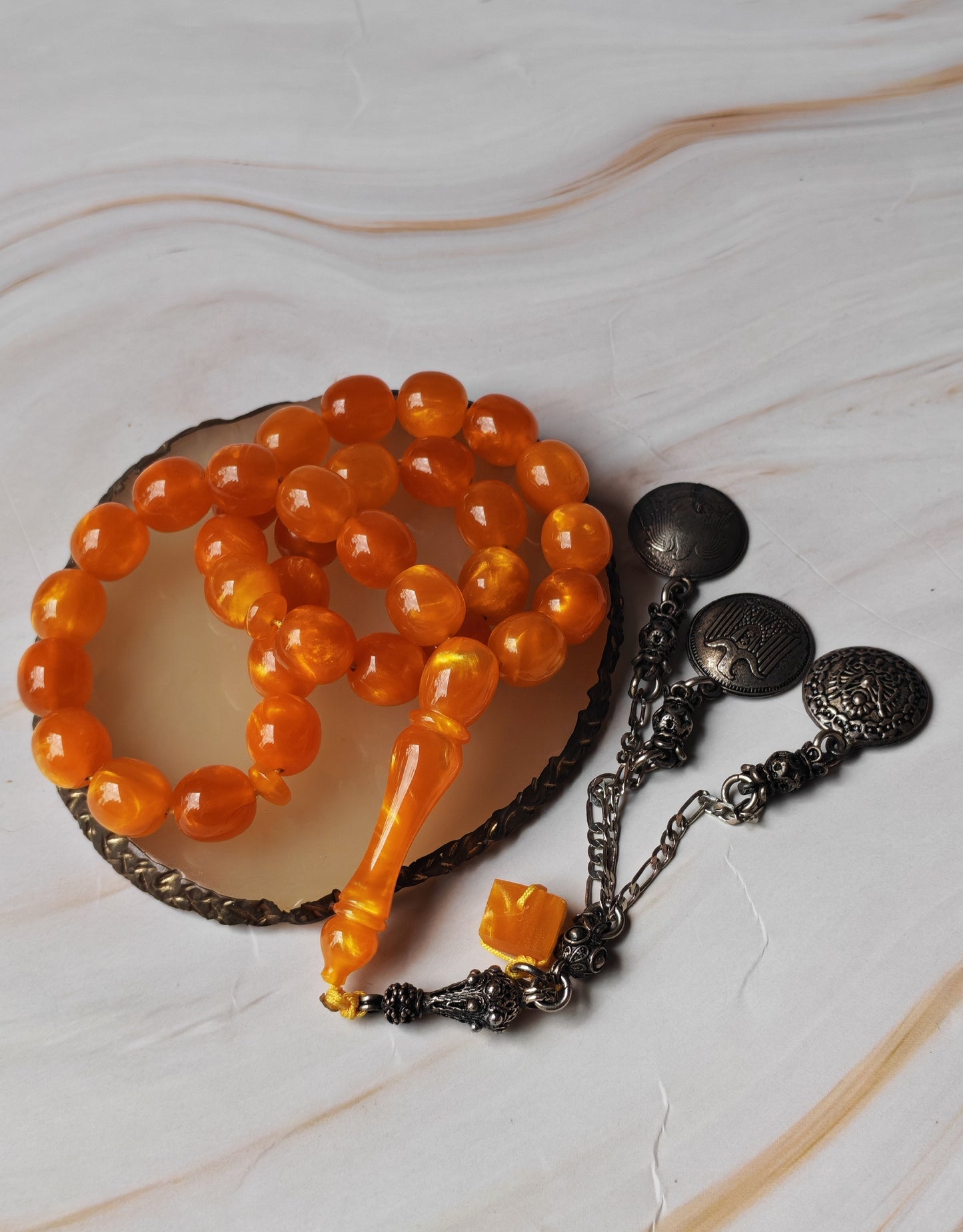 Catalin Bakelite Misbah | 33 Beads in Fiery Lava Flow Pattern