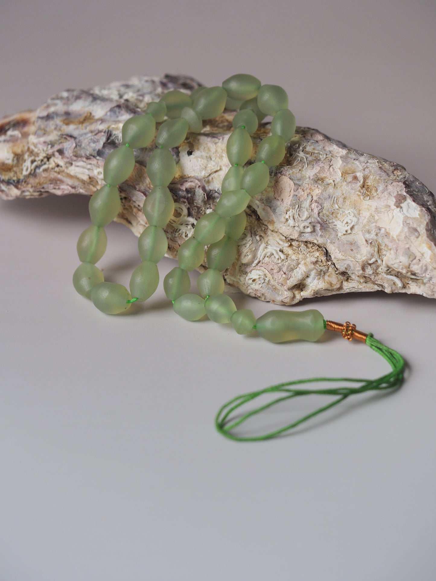 Natural Mint Green Shah Maqsood Tasbih 33 Beads Olive Shape
