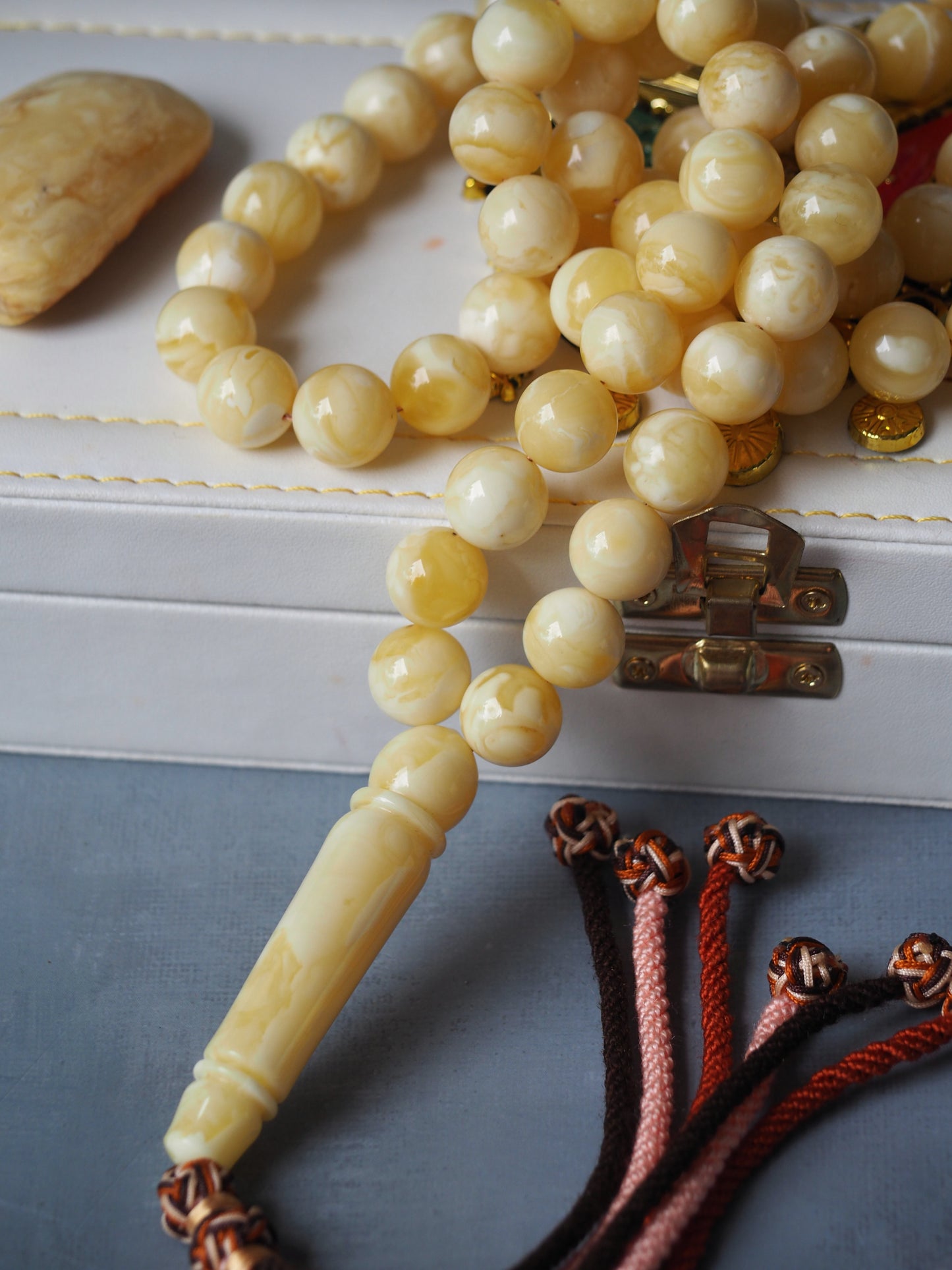 Super Unique Large Royal White / Tiger Misbaha Prayer Beads 66 Beads + Raw Amber Piece