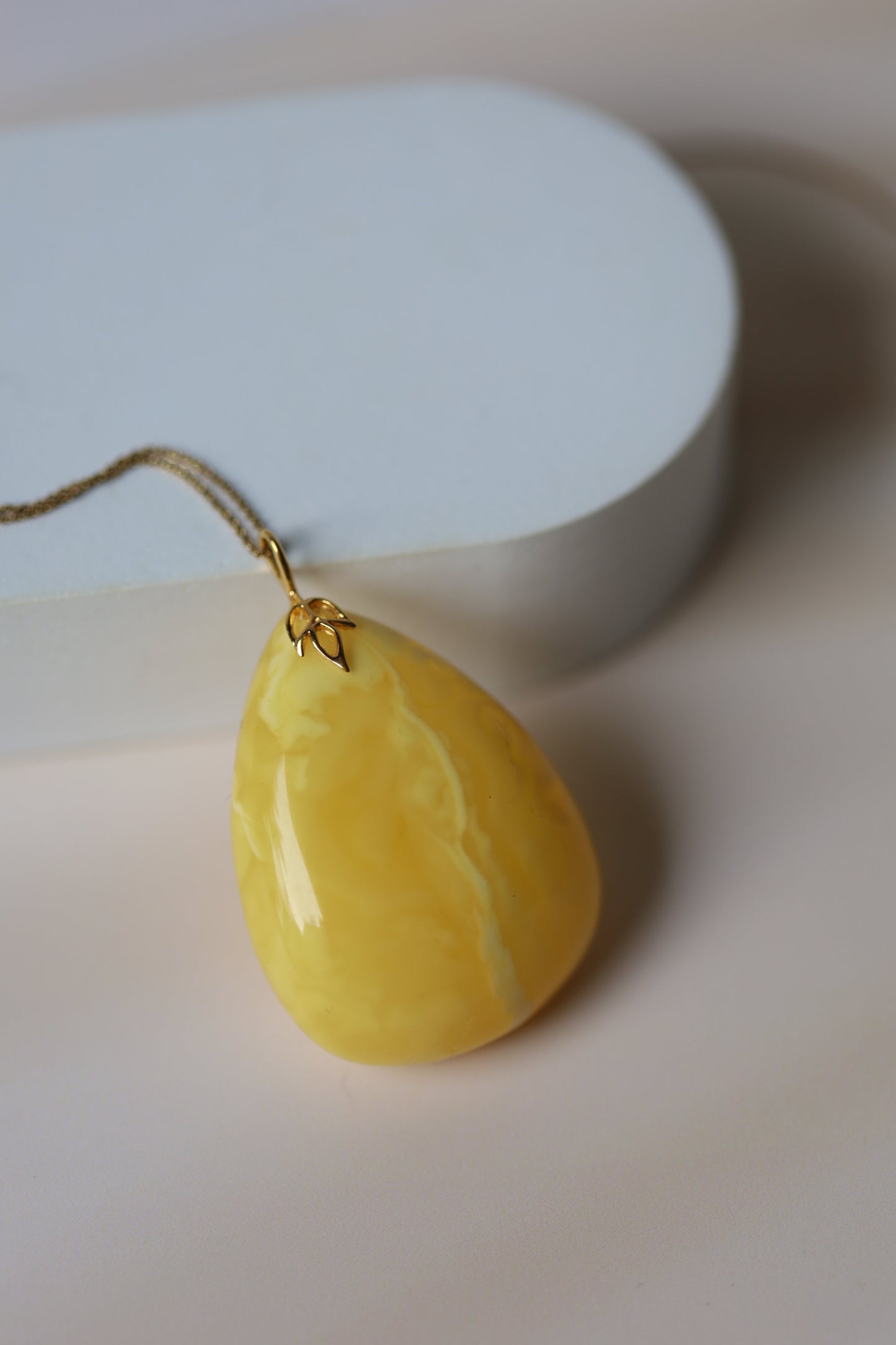 Natural Milk Amber Teardrop Shape Pendant in 14 Carat Gold