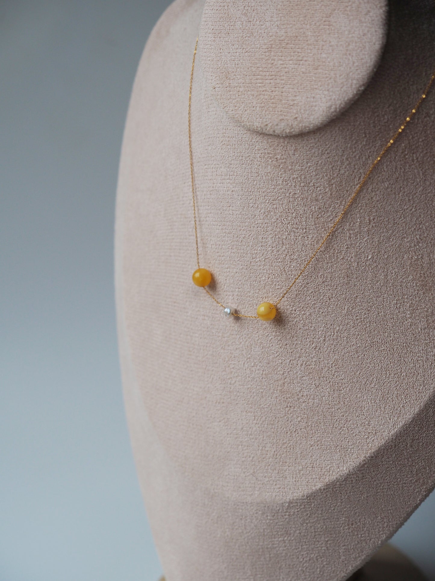 21K Gold Necklace with Natural Baltic Amber and Saltwater Bahraini Pearls + Certificate