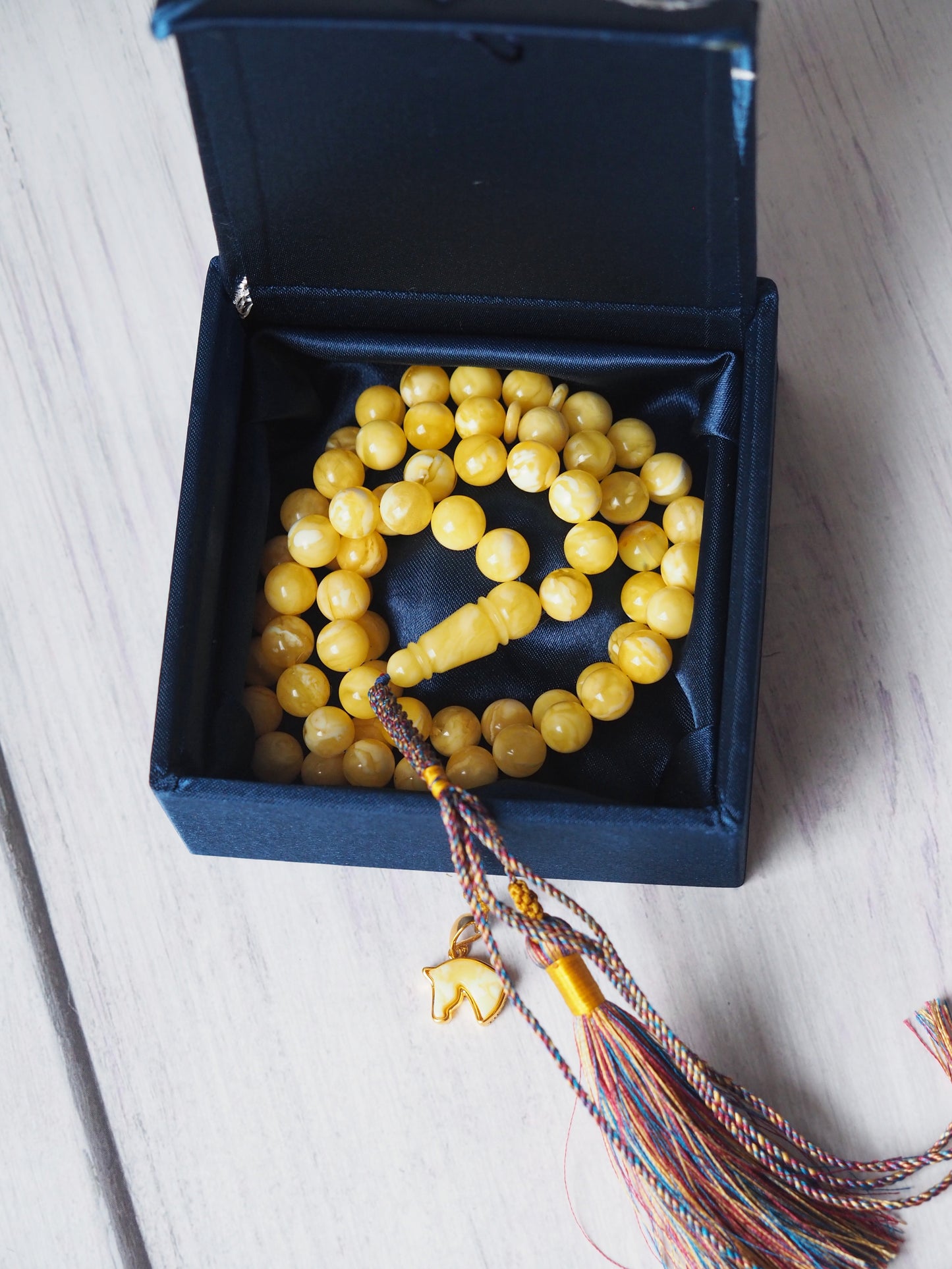 Newly Crafted Light Milk & Tiger Pattern Amber Tasbih – 66 Beads | 9.5 mm | with Horse Charm