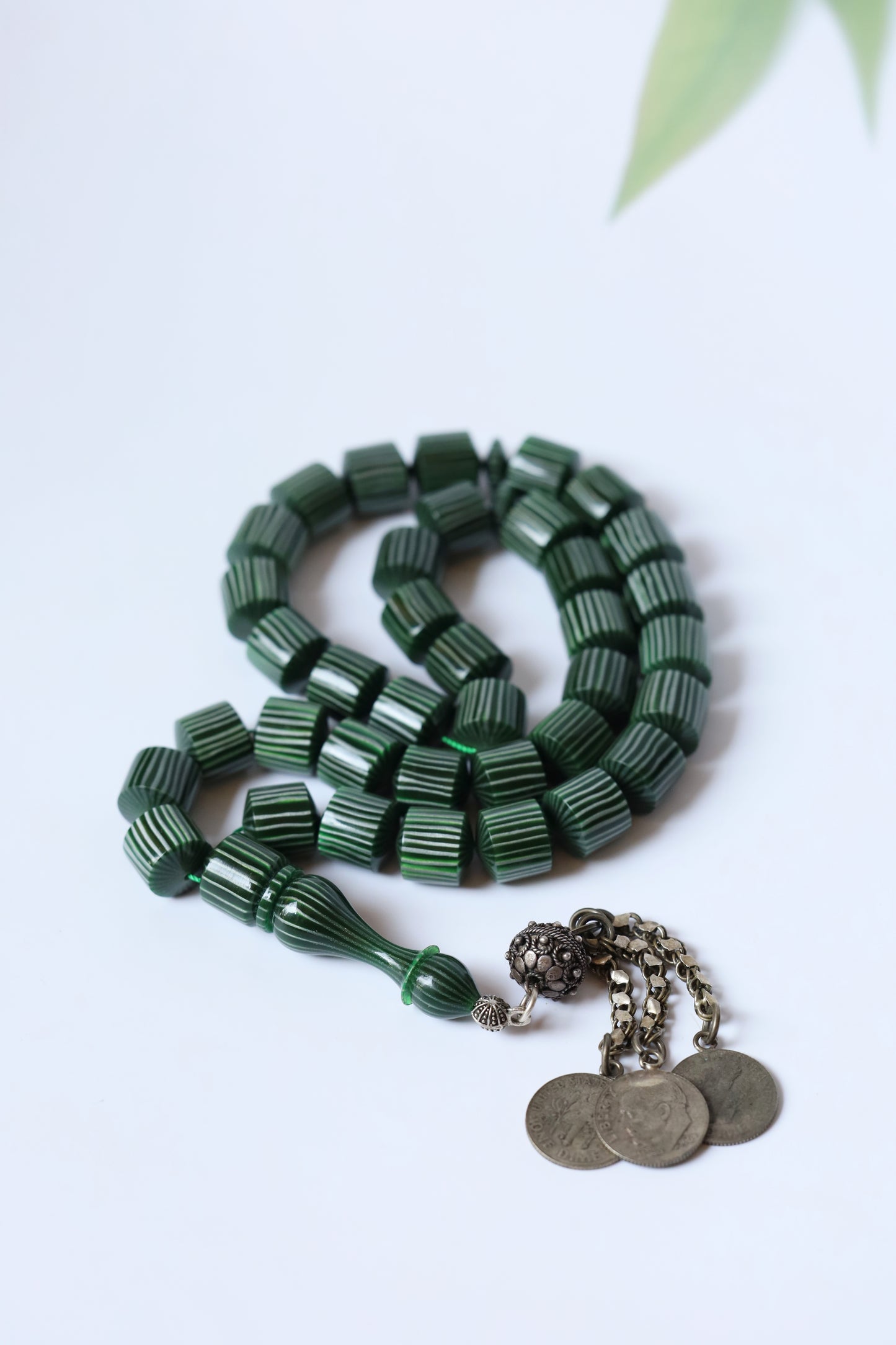 Dark Green 'Watermelon' Striped French Galalith Tasbih 37 Beads