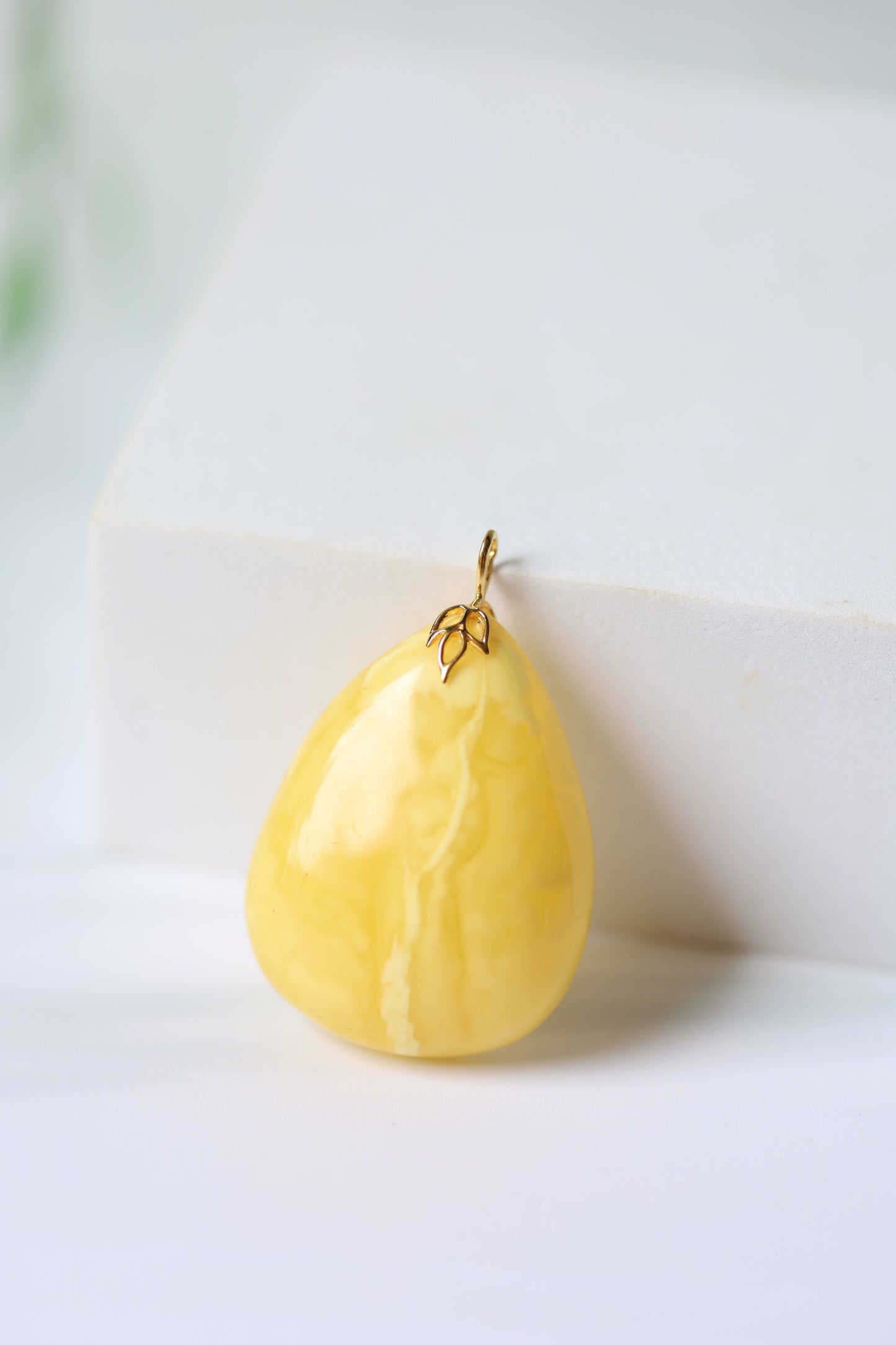 Natural Milk Amber Teardrop Shape Pendant in 14 Carat Gold