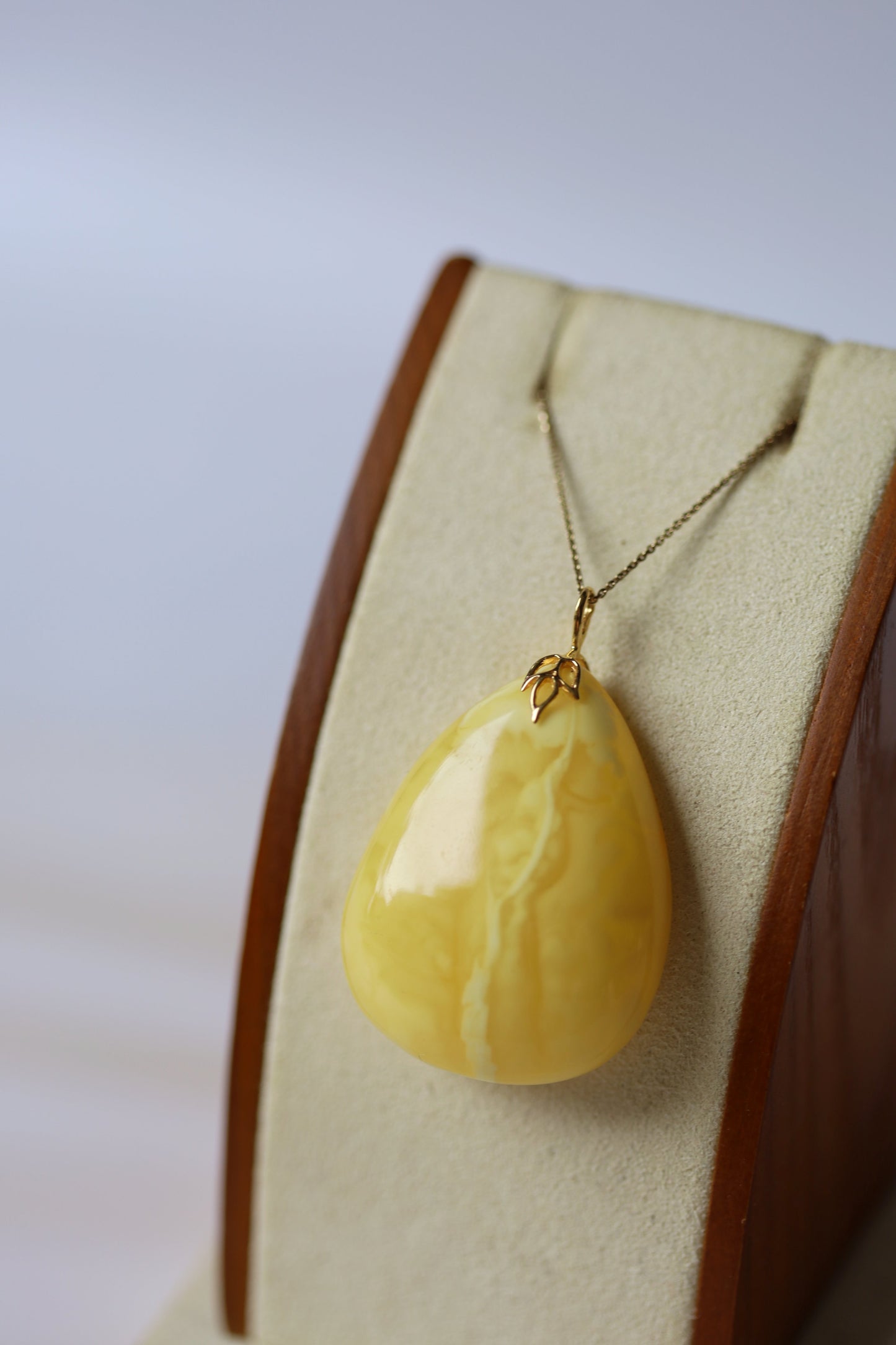 Natural Milk Amber Teardrop Shape Pendant in 14 Carat Gold