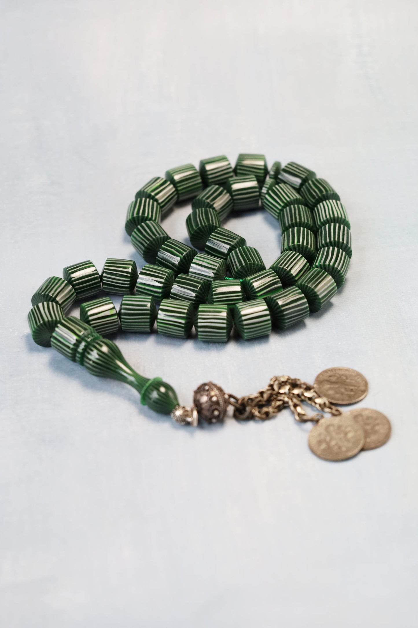 Dark Green 'Watermelon' Striped French Galalith Tasbih 37 Beads