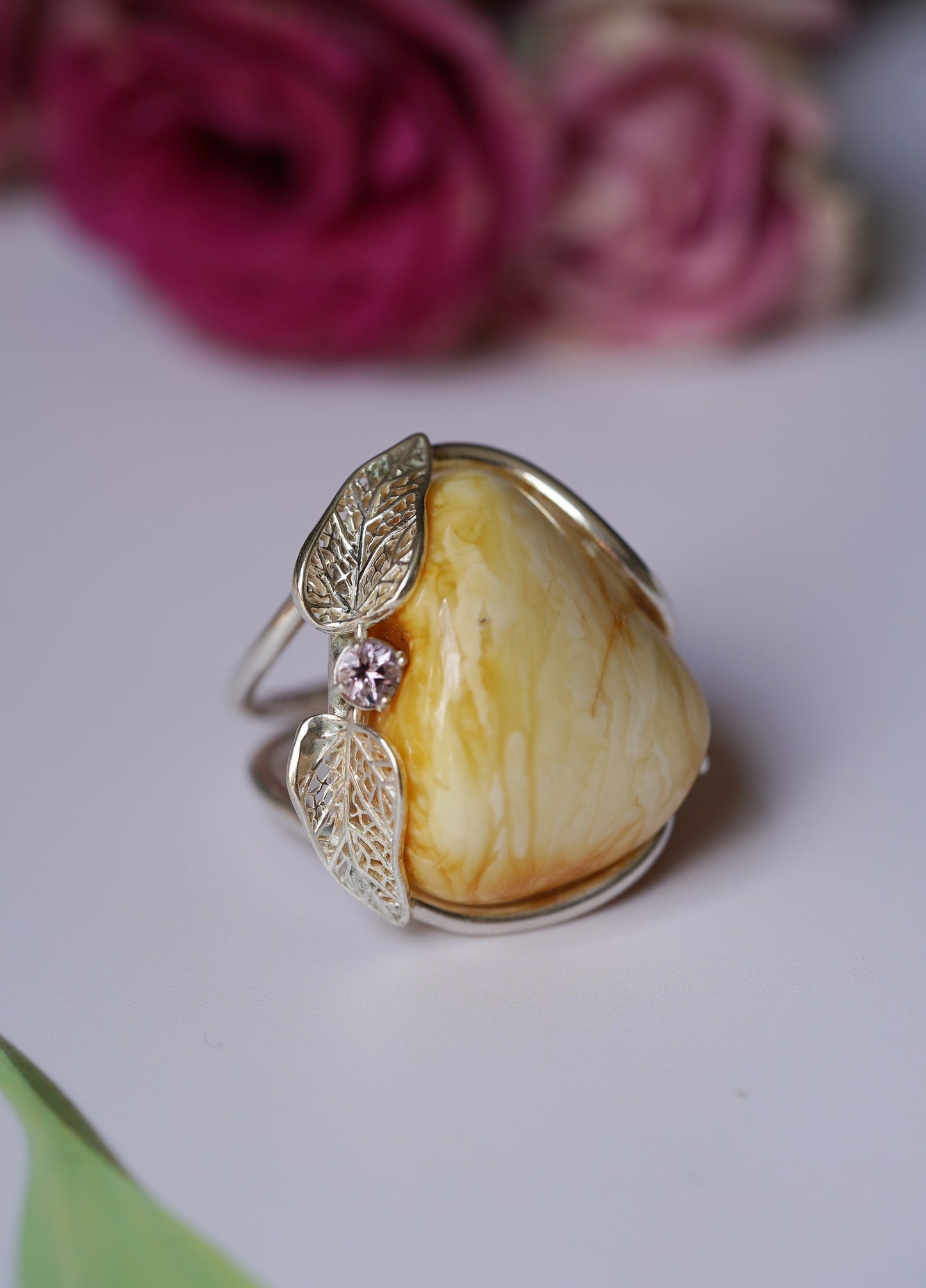 Irregular Royal White Amber Ring With Silver Frame And Amethyst