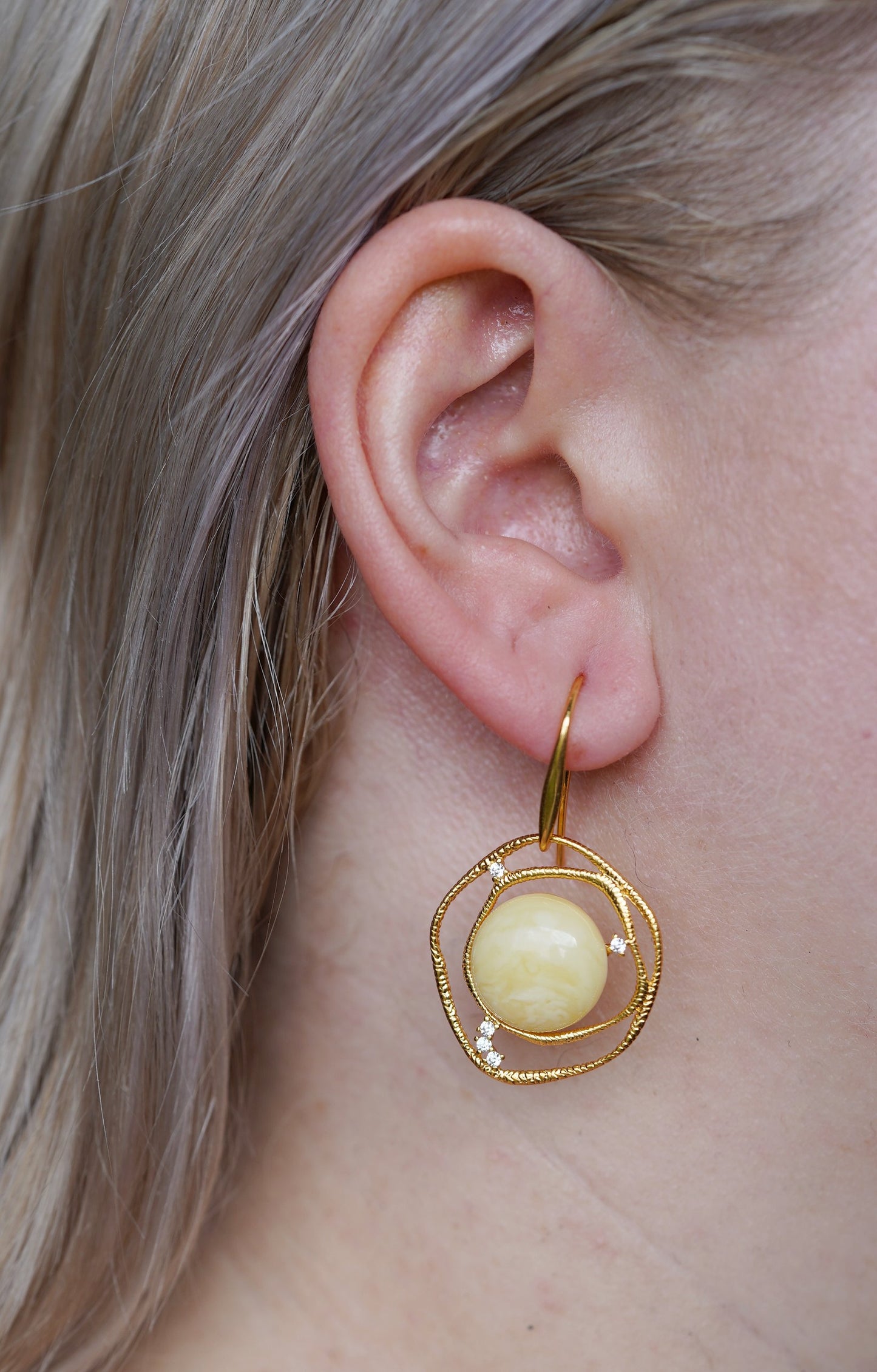 Delicate Round Irregular Royal White Amber Earrings with Cubic Zirconias in Gold Plated Silver