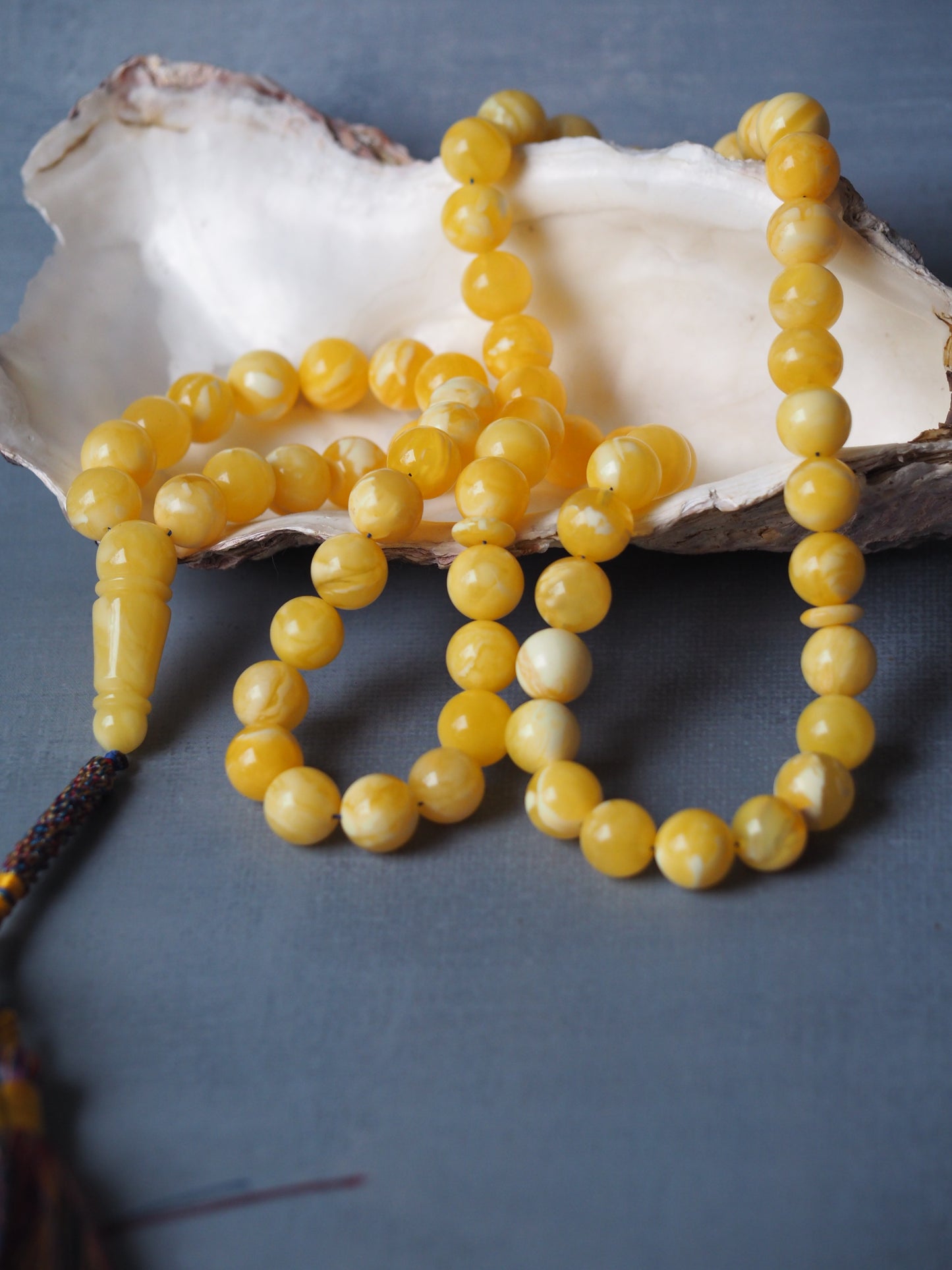 Newly Crafted Light Milk & Tiger Pattern Amber Tasbih – 66 Beads | 9.5 mm | with Horse Charm