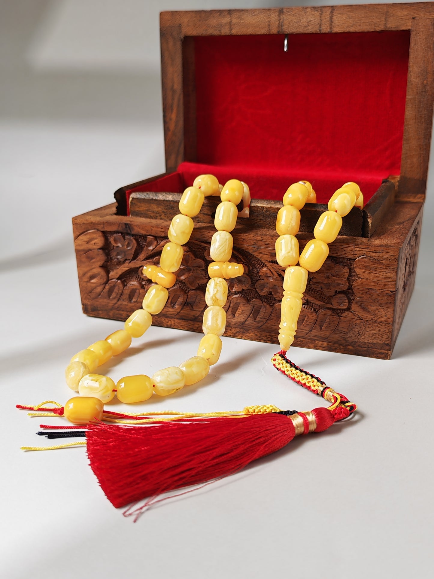 Mature Butterscotch Amber Rosary – 49 Barrel Beads | Deep Honey Accents