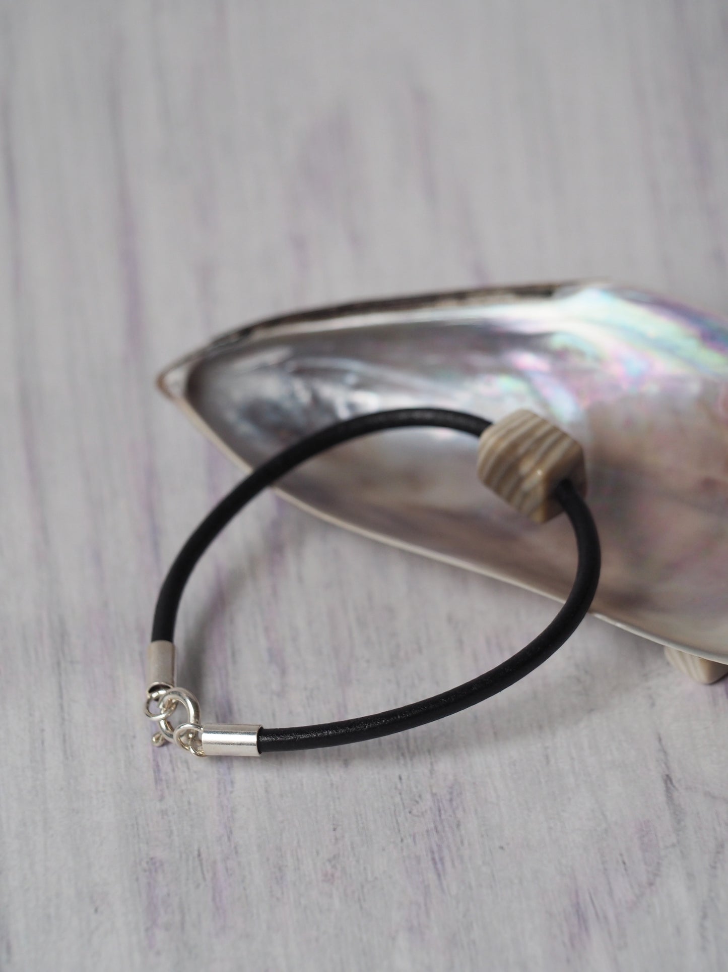 Bracelet with Natural Striped Flint and Leather Strap