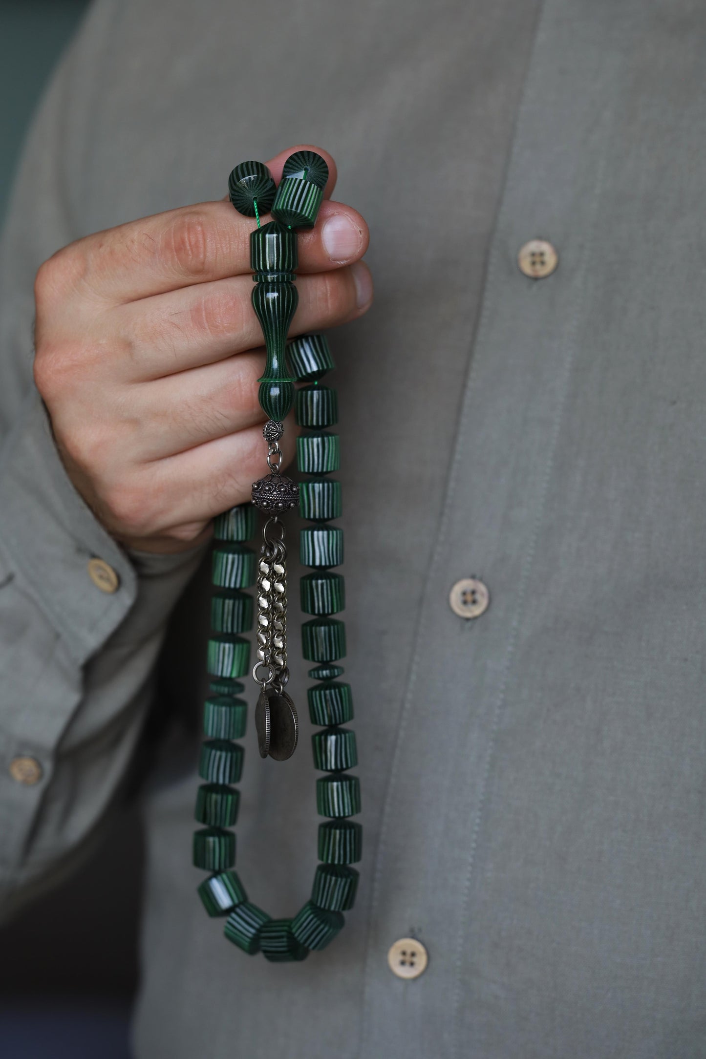 Dark Green 'Watermelon' Striped French Galalith Tasbih 37 Beads
