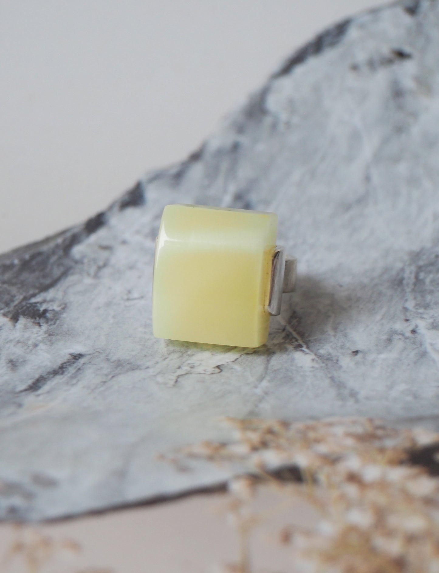 Natural Milk Rectangular Amber Silver Ring