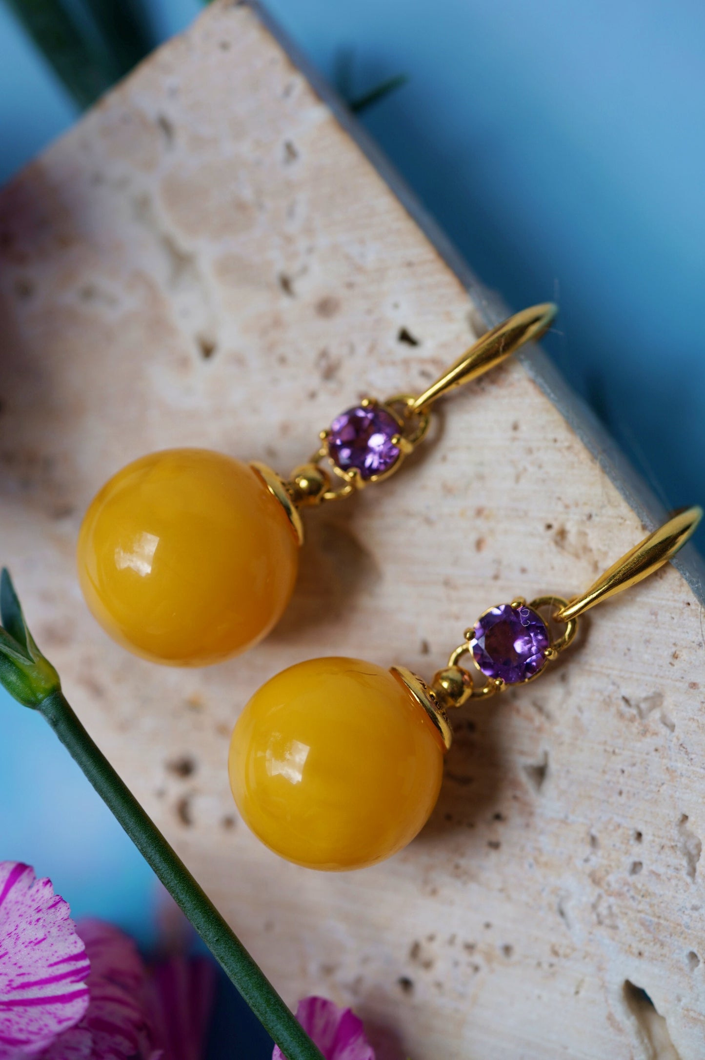 Big Round Butterscotch Dangling Earrings with Amethysts in Gold Plated Silver