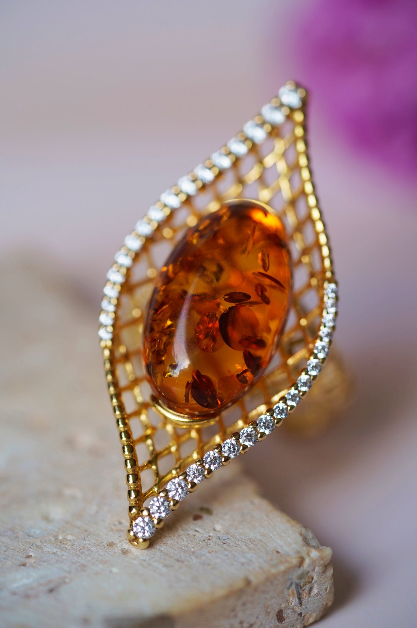 Marquise Shape Ring with Natural Cognac Amber and Cubic Zirconias in Gold Plated Silver