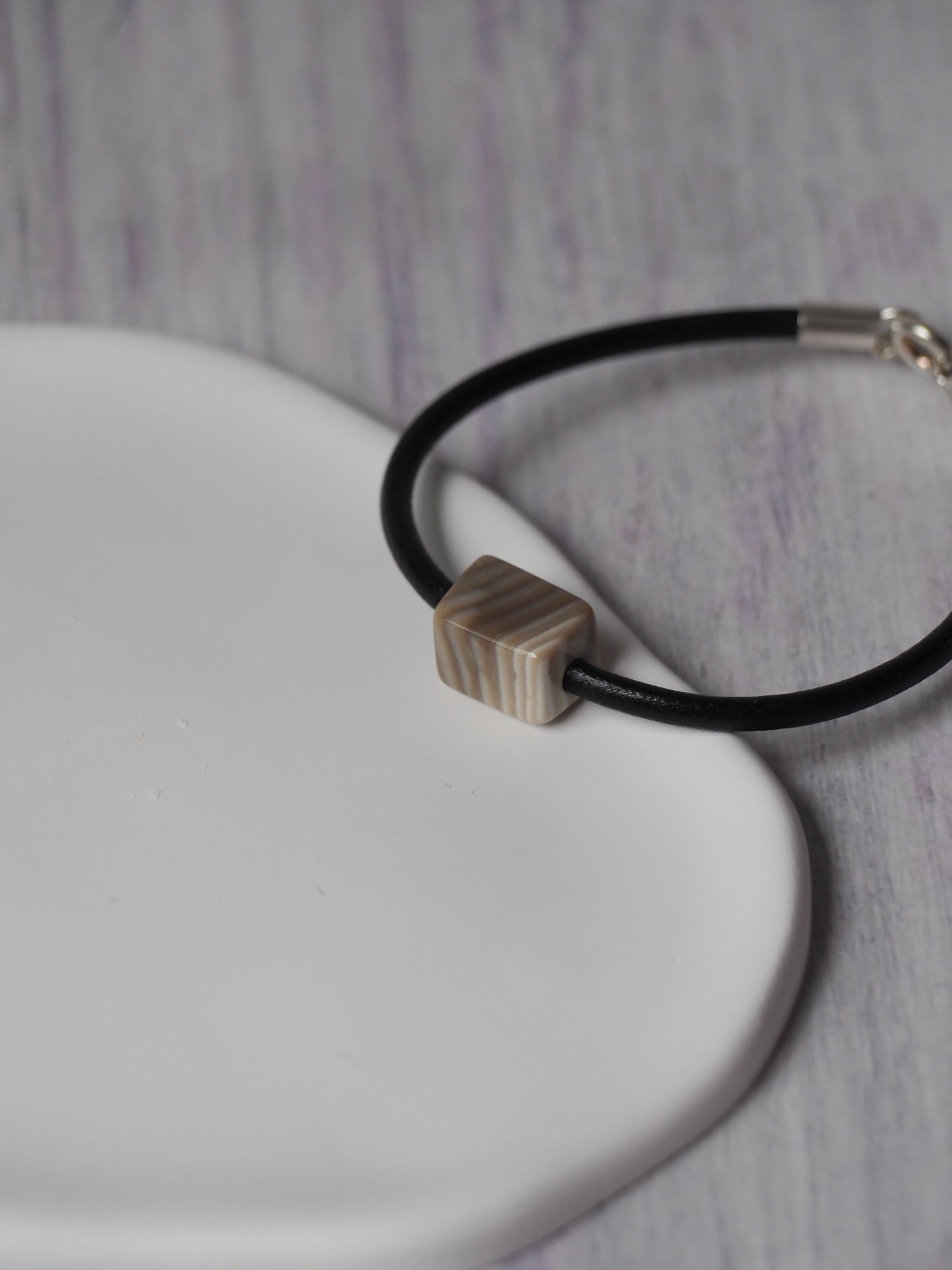 Bracelet with Natural Striped Flint and Leather Strap
