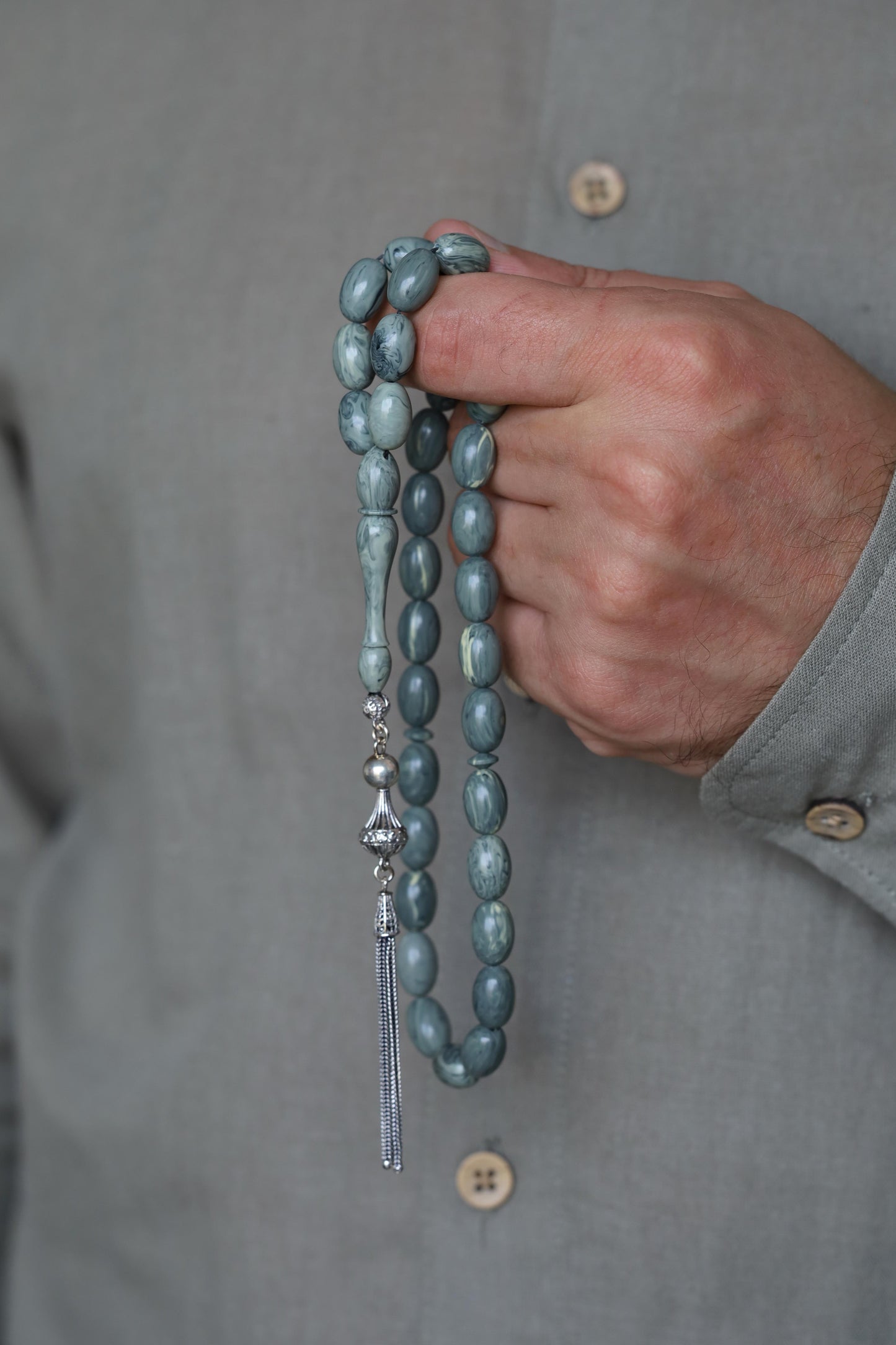 Cloudy Grey "Chernobyl" Bakelite Misbah 33 Beads