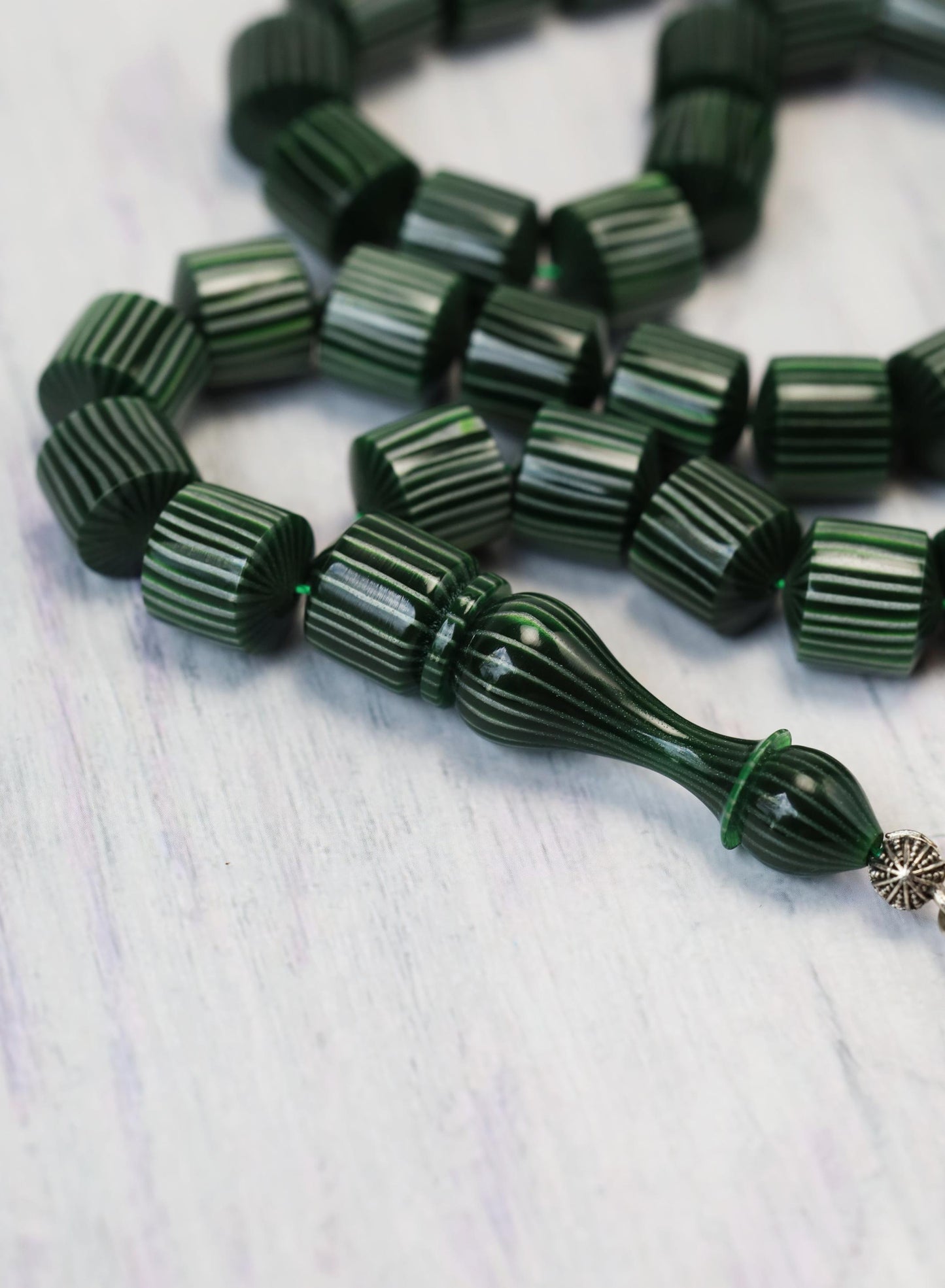 Dark Green 'Watermelon' Striped French Galalith Tasbih 37 Beads