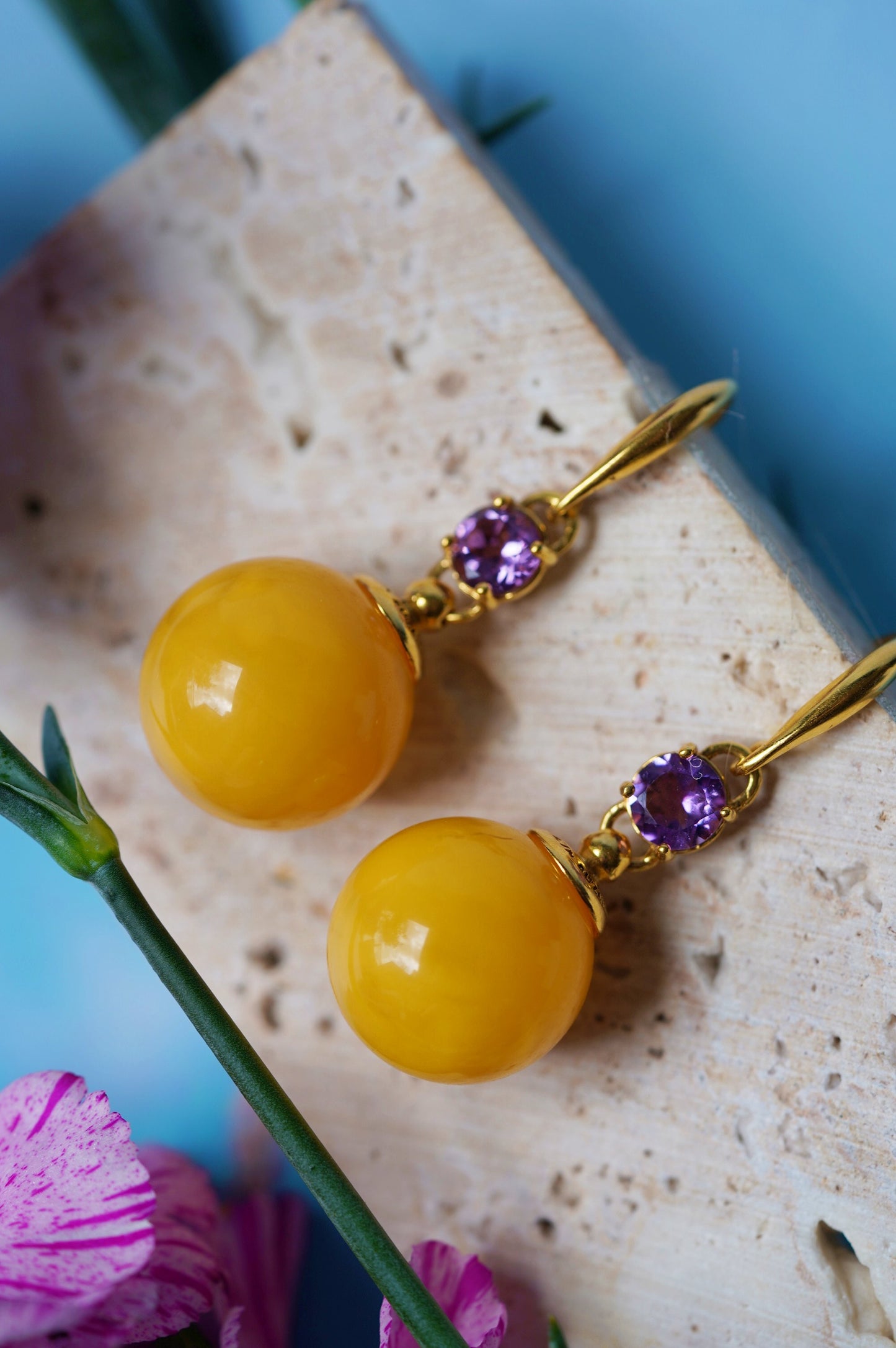 Big Round Butterscotch Dangling Earrings with Amethysts in Gold Plated Silver