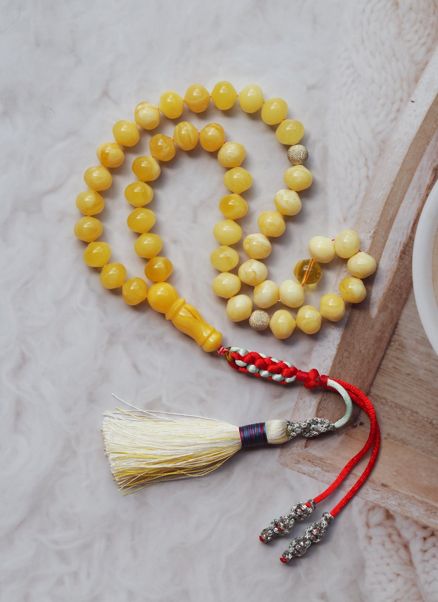Royal White and Butterscotch Natural Amber Tasbih 45 Istanbul Shape Beads
