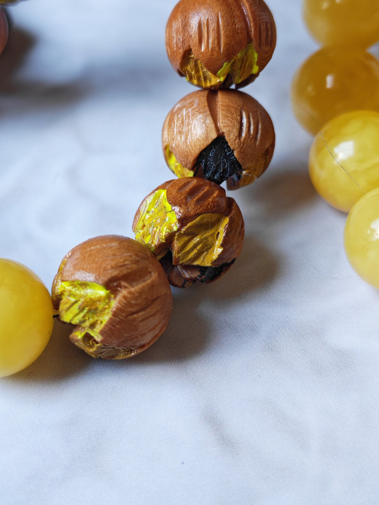 Natural Butterscotch Amber & Hand-Painted Peach Wood Tasbih – 45 Beads