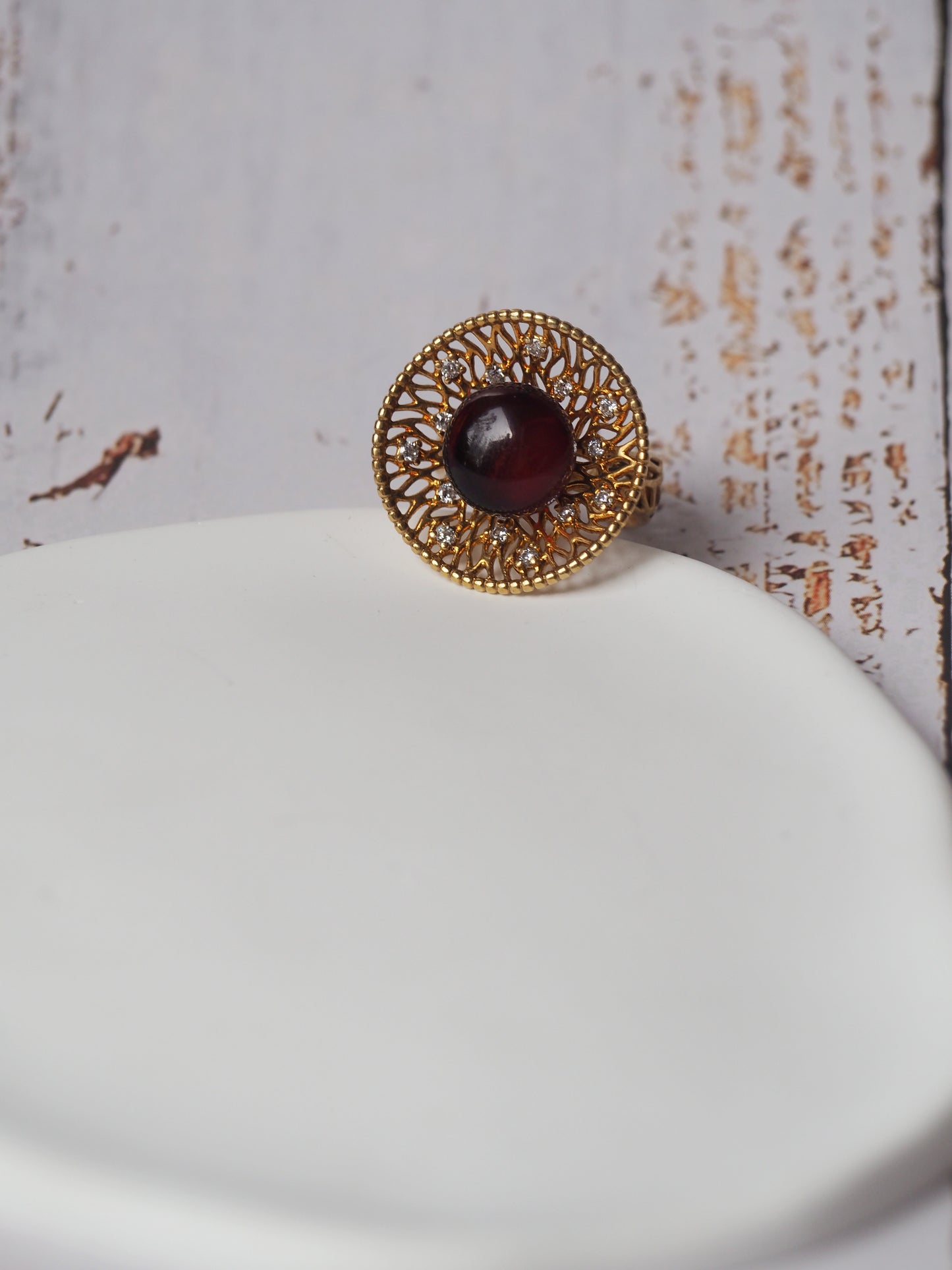 Supertree Ring with Cherry Amber and Cubic Zirconias in Gold Plated Silver
