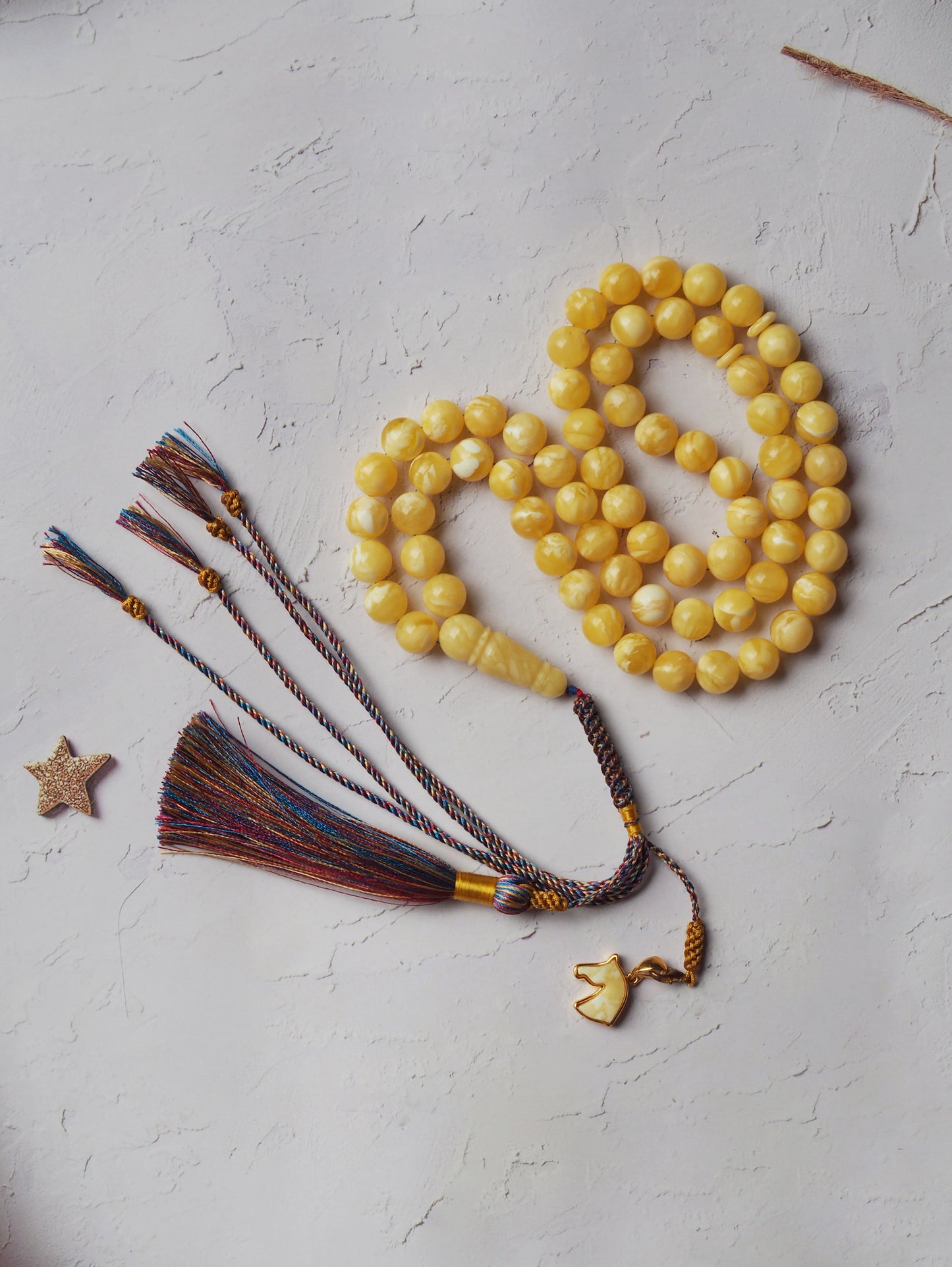 Newly Crafted Light Milk & Tiger Pattern Amber Tasbih – 66 Beads | 9.5 mm | with Horse Charm