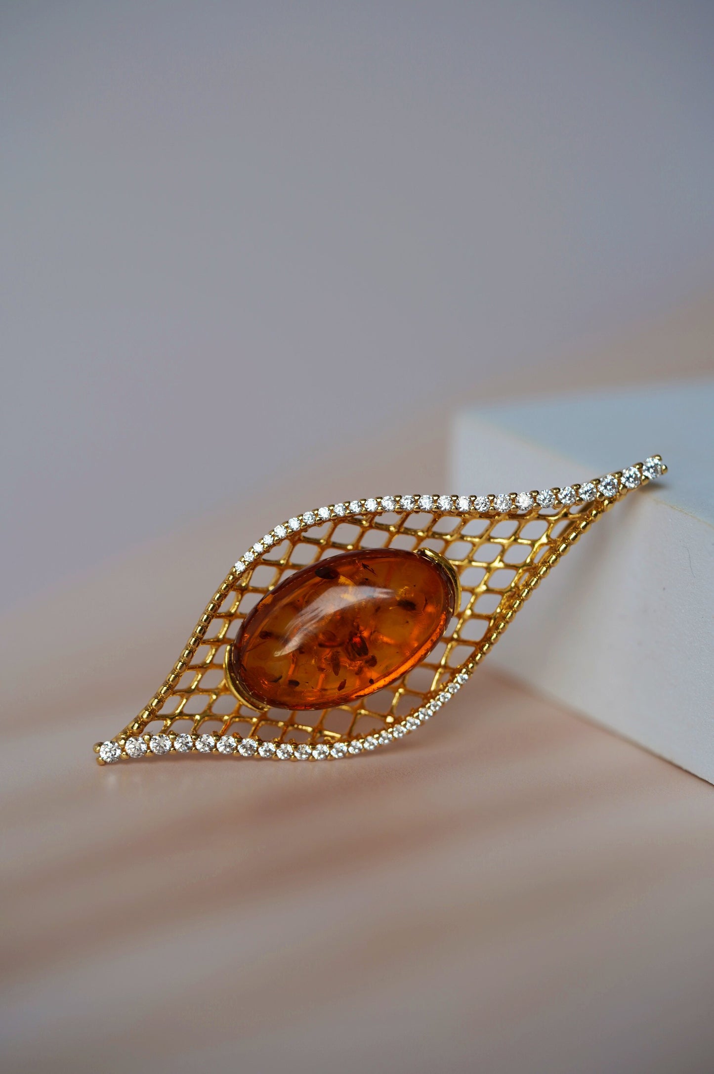 Marquise Shape Pendant with Natural Cognac Amber and Cubic Zirconias in Gold Plated Silver
