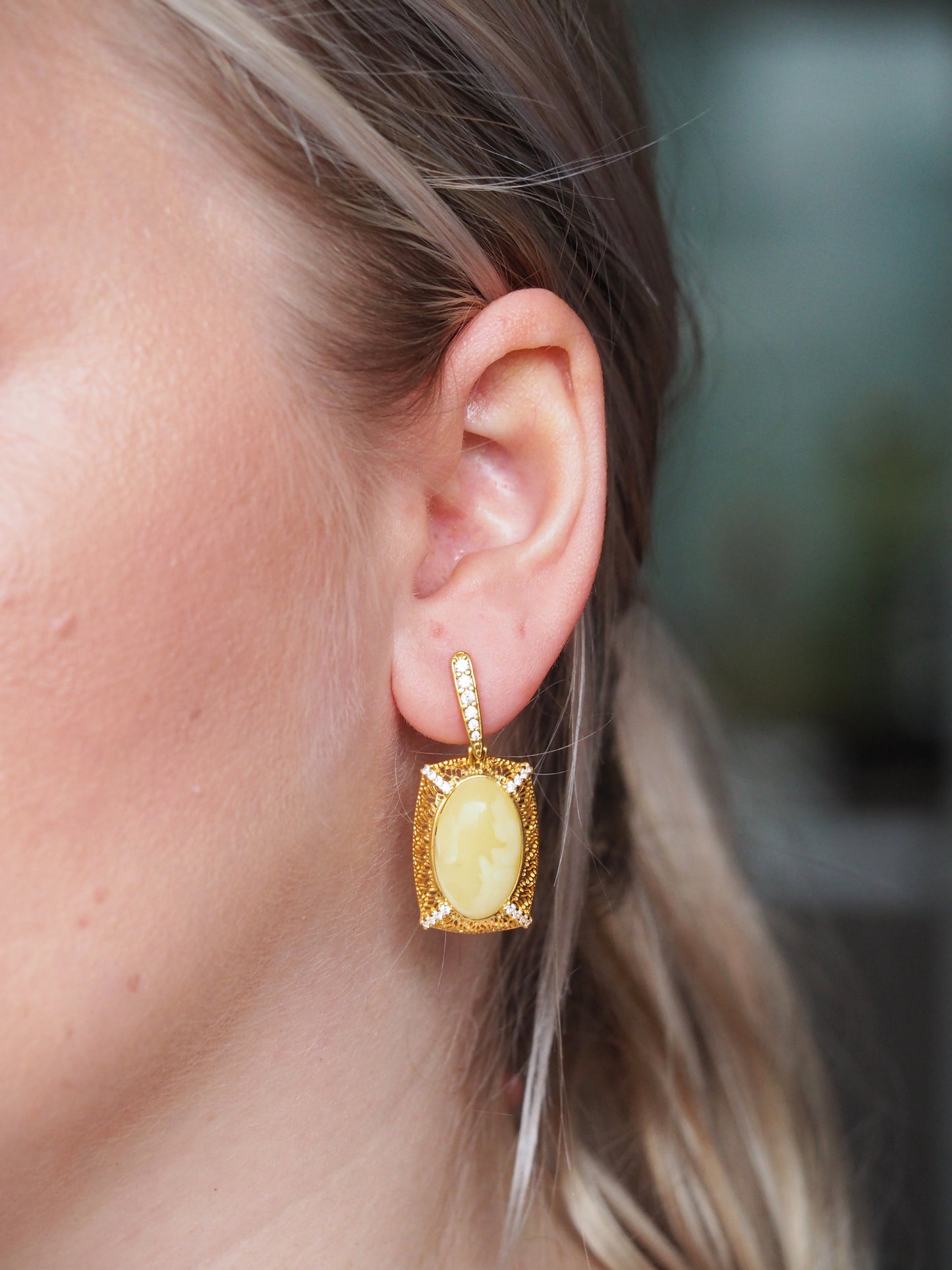 Rectangular Butterscotch Amber Drop Stud Earrings with Cubic Zirconias in Gold Plated Silver