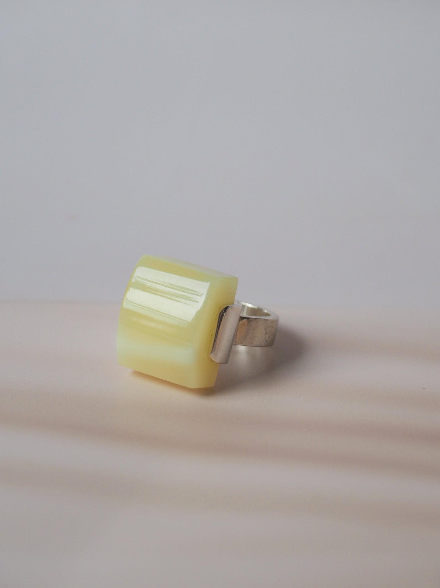 Natural Milk Rectangular Amber Silver Ring