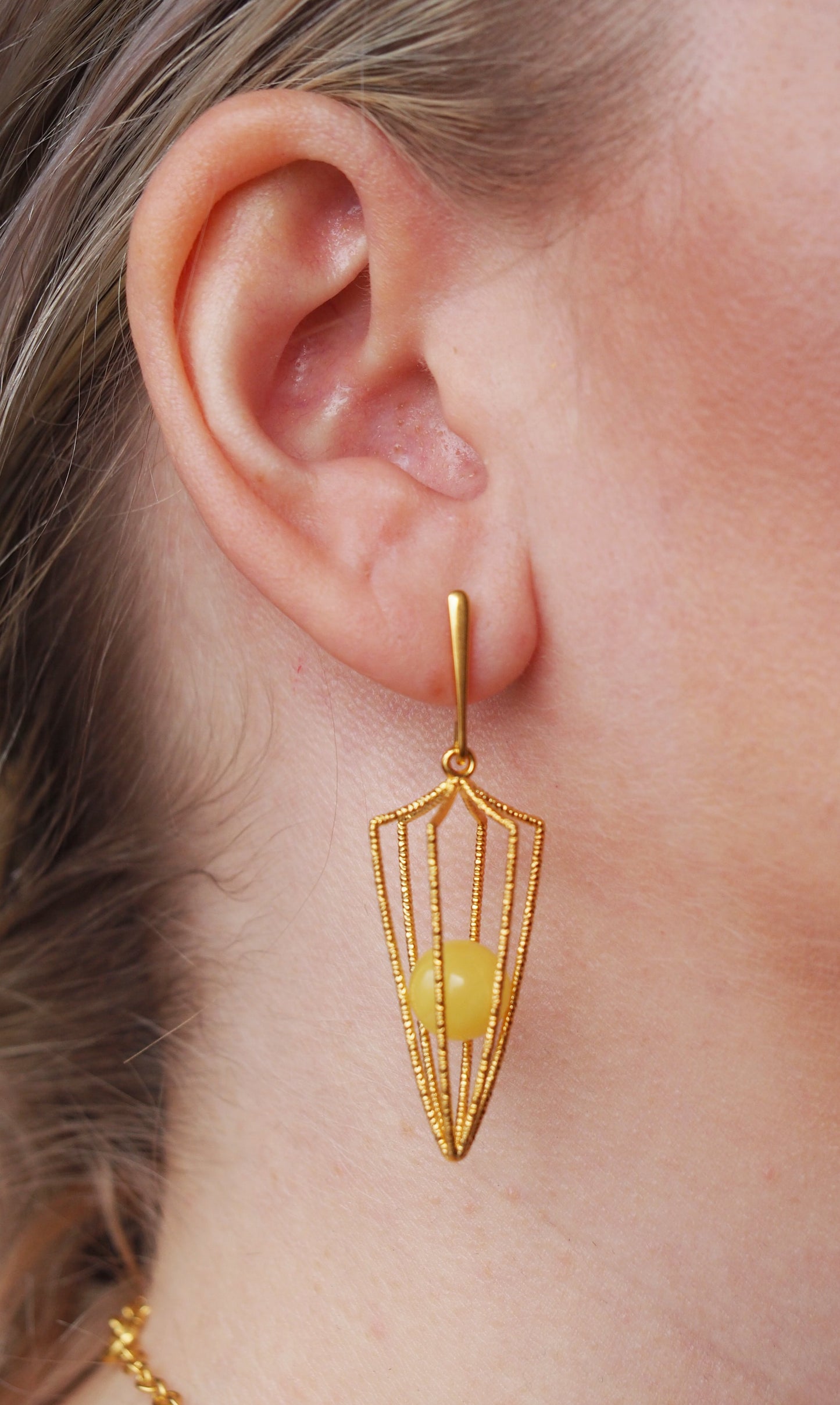 Geometric Cage Earrings With Butterscotch Amber And Gold Plated Silver