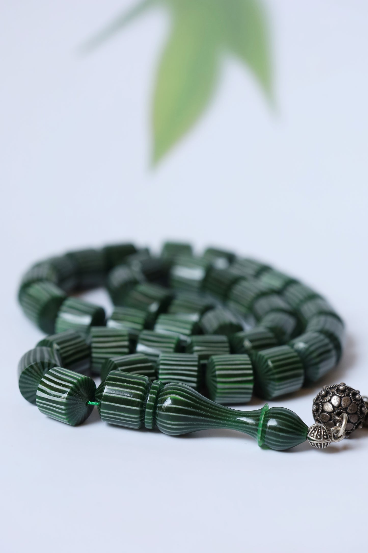 Dark Green 'Watermelon' Striped French Galalith Tasbih 37 Beads