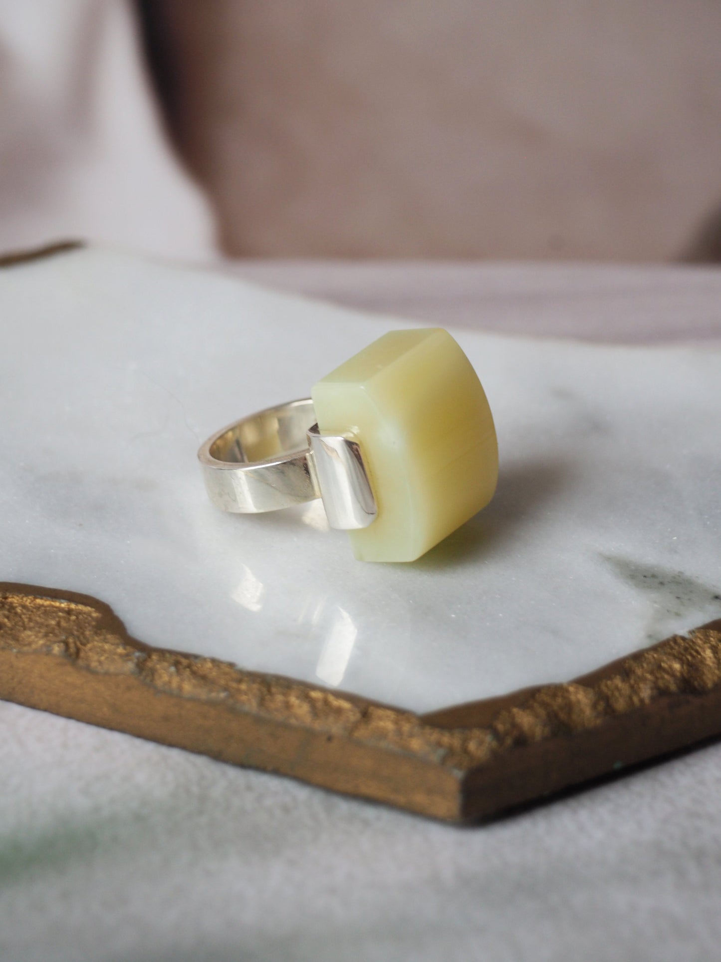 Natural Milk Rectangular Amber Silver Ring