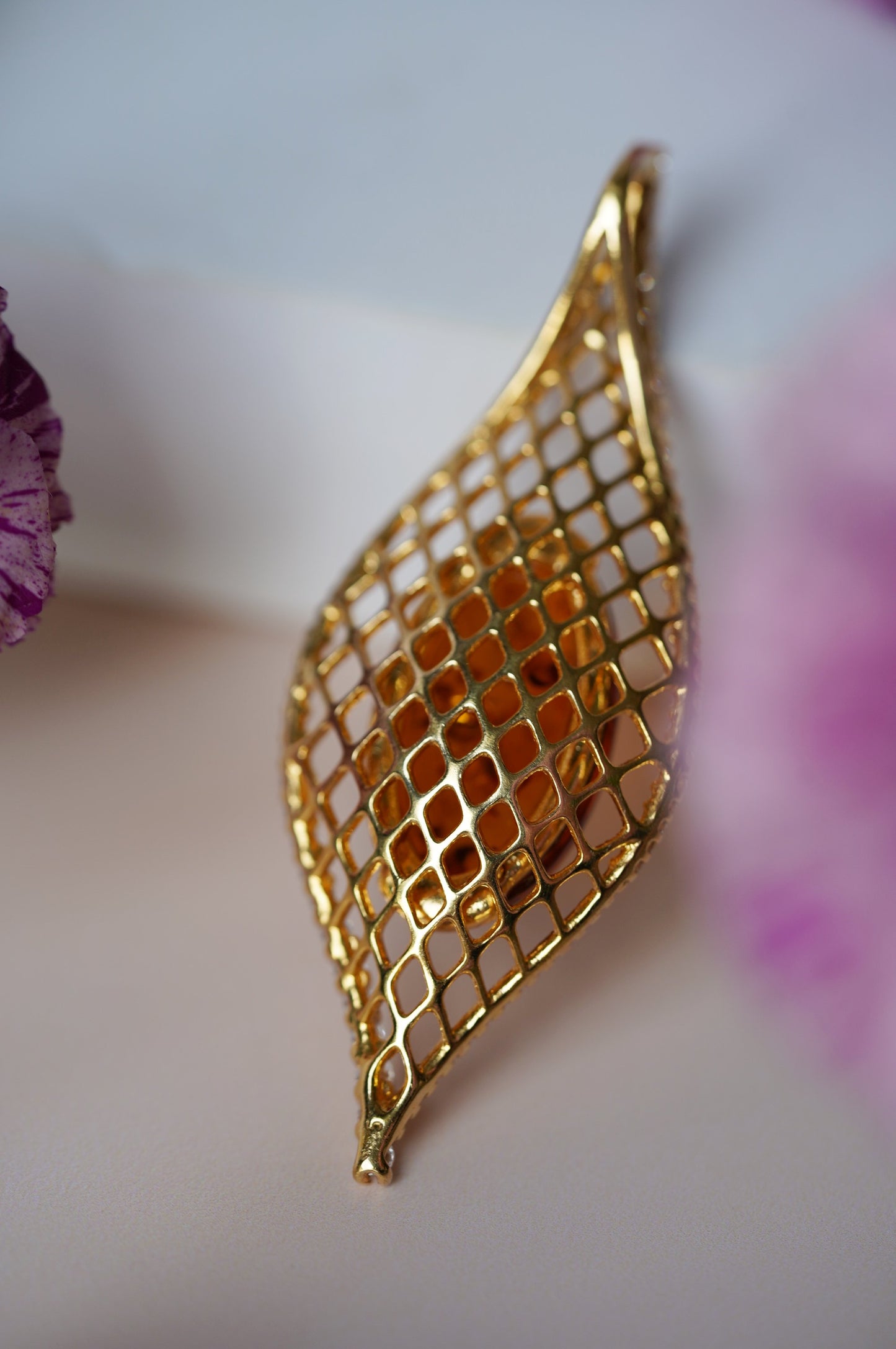 Marquise Shape Pendant with Natural Cognac Amber and Cubic Zirconias in Gold Plated Silver