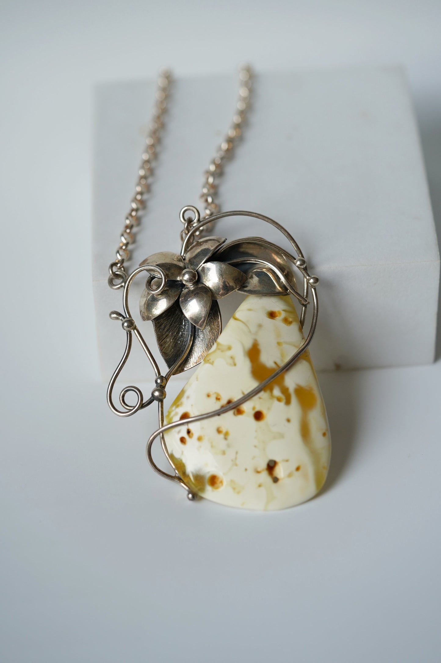 Large Royal White Triangle Raw Amber Pendant with Silver Frame, Chain and Flower