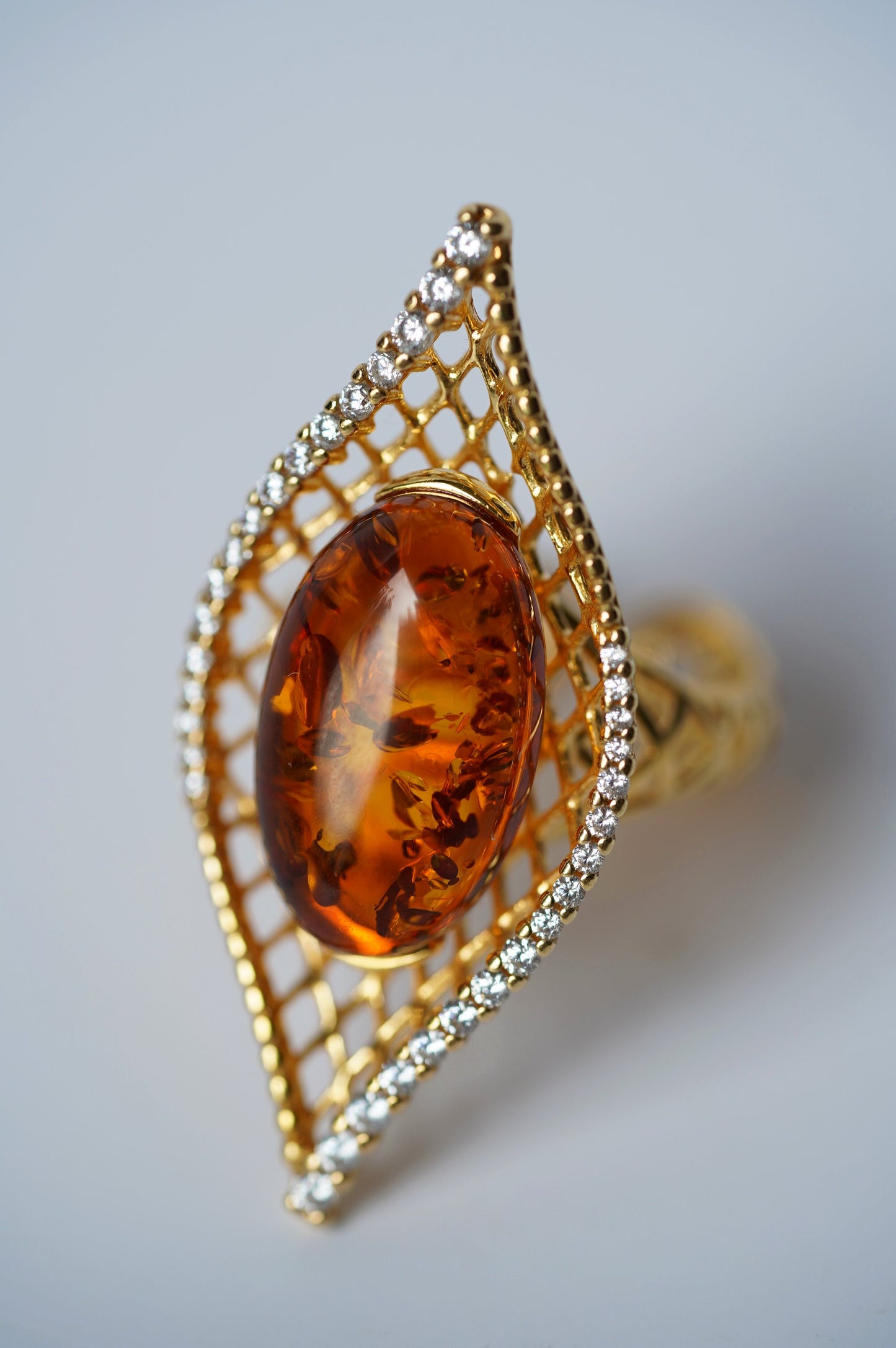 Marquise Shape Ring with Natural Cognac Amber and Cubic Zirconias in Gold Plated Silver