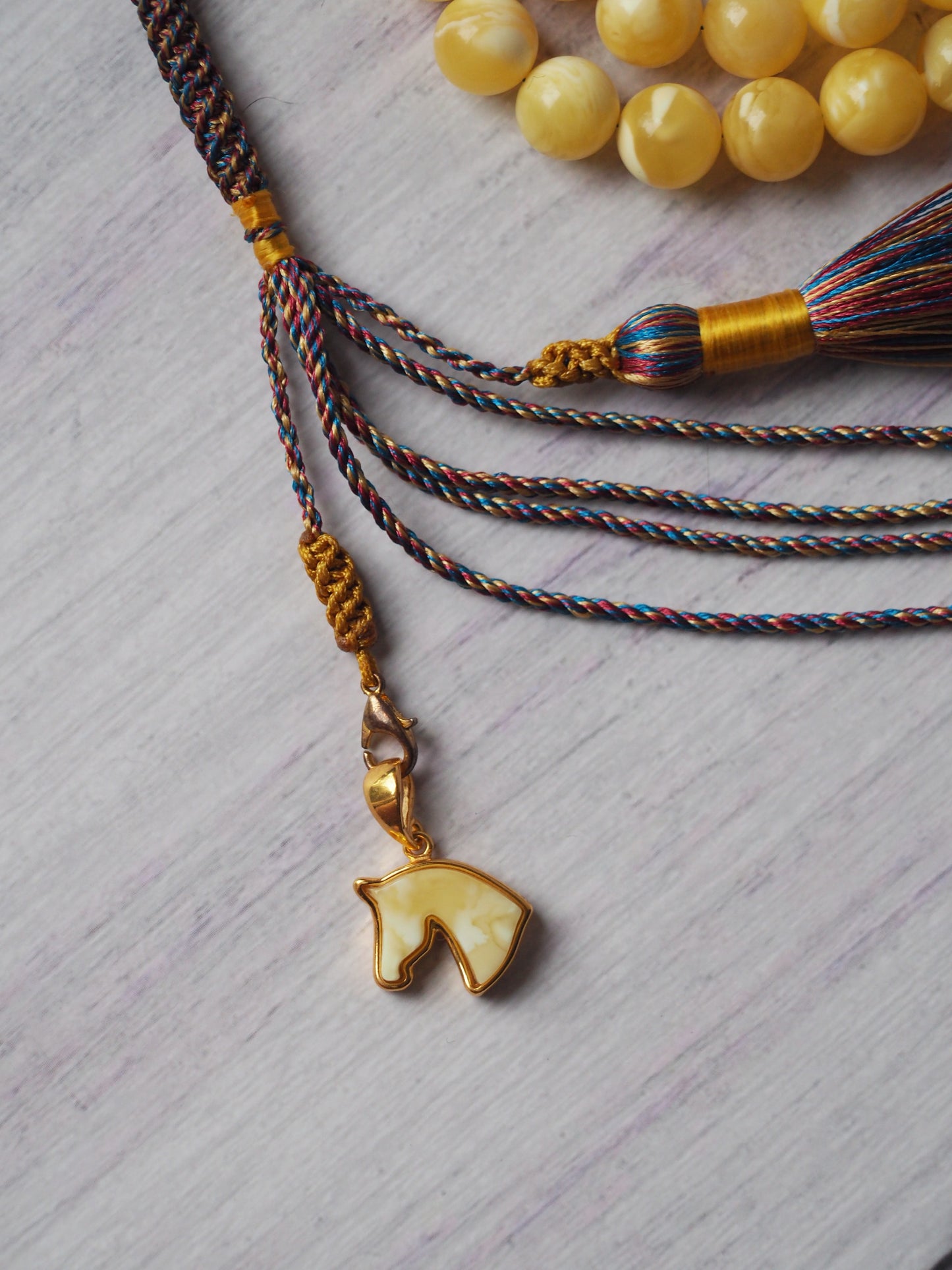 Newly Crafted Light Milk & Tiger Pattern Amber Tasbih – 66 Beads | 9.5 mm | with Horse Charm