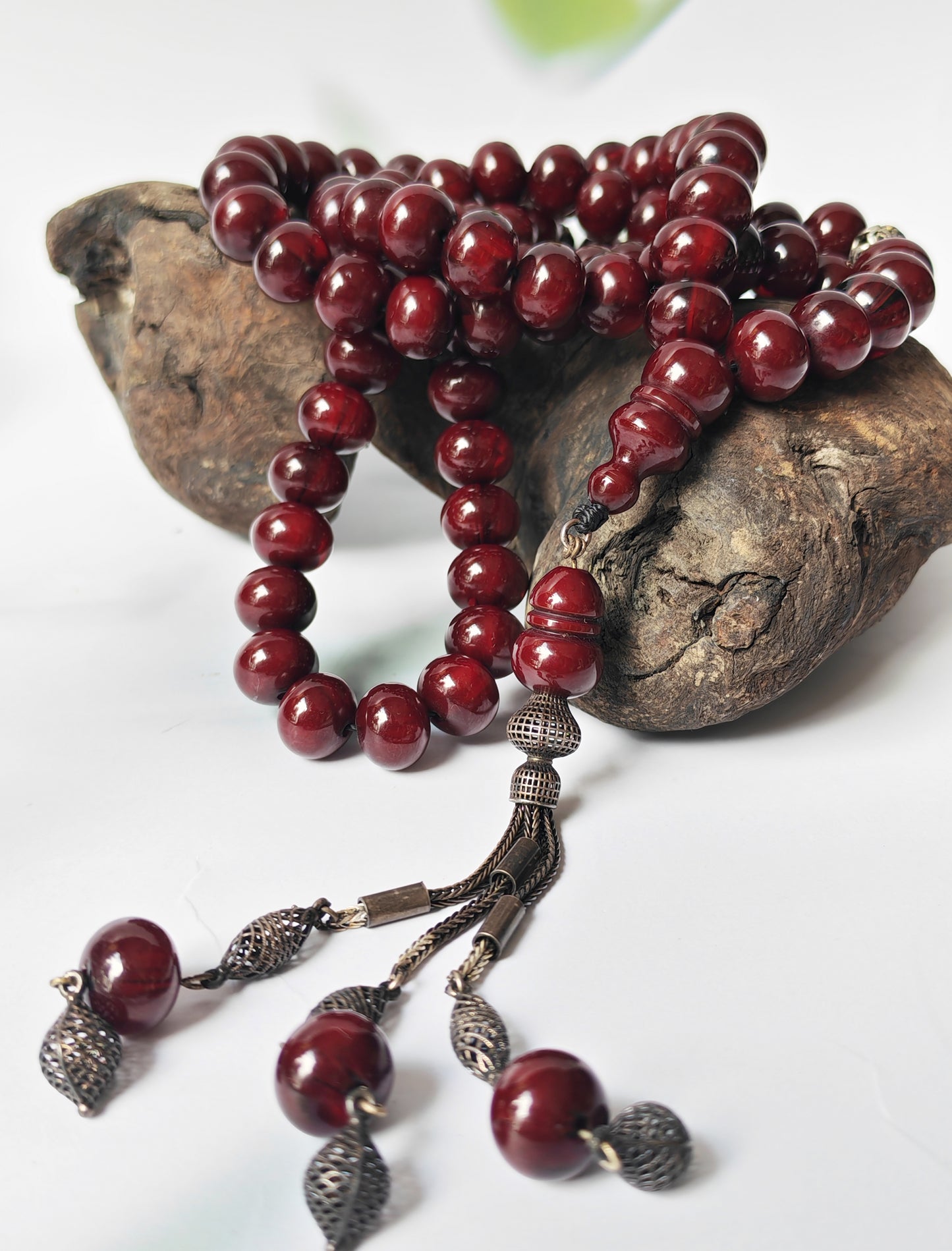 Antique Cherry Amber Faturan Misbah | 87 Beads | Damascus Material Turkish Craft