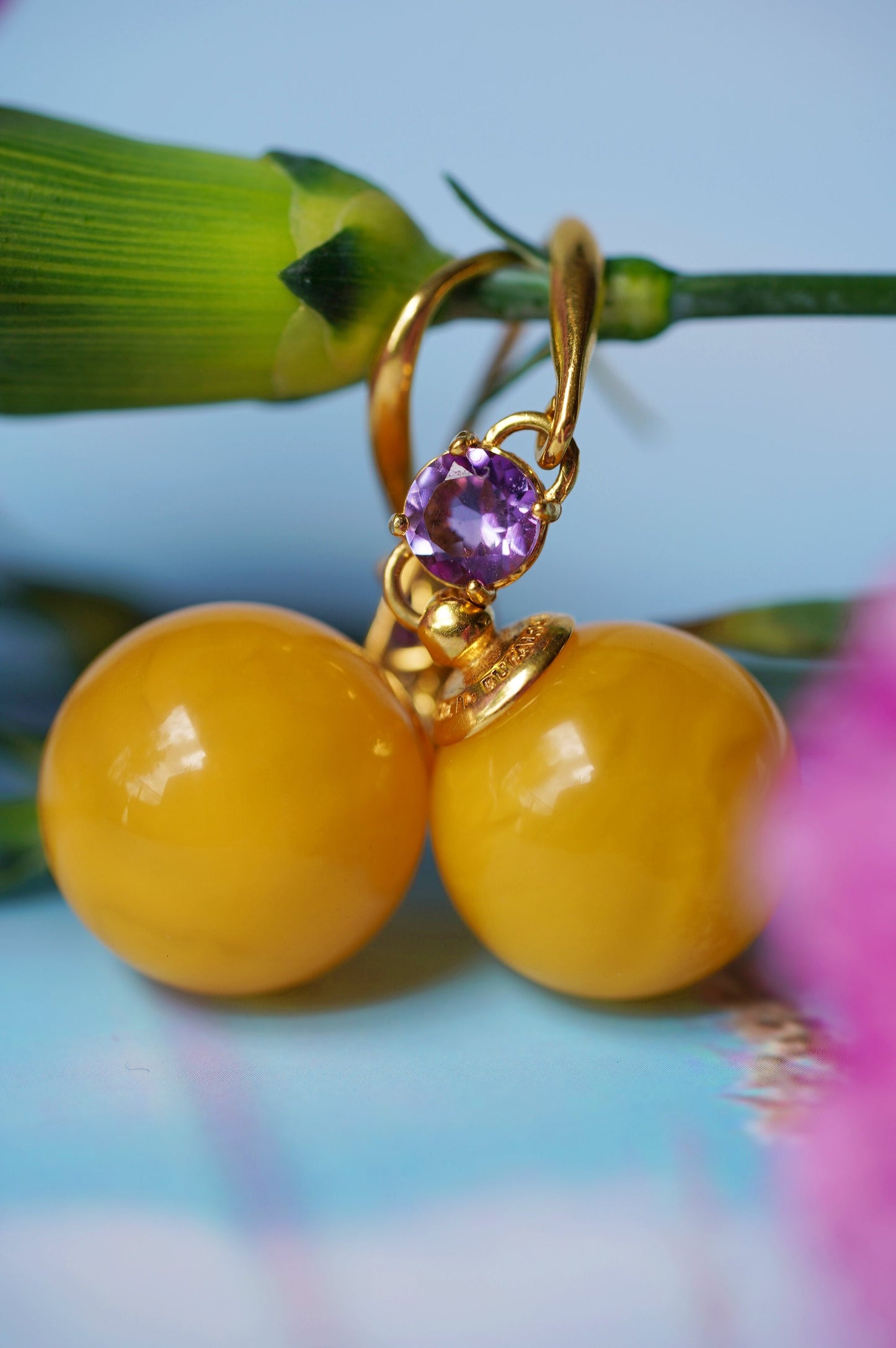 Big Round Butterscotch Dangling Earrings with Amethysts in Gold Plated Silver