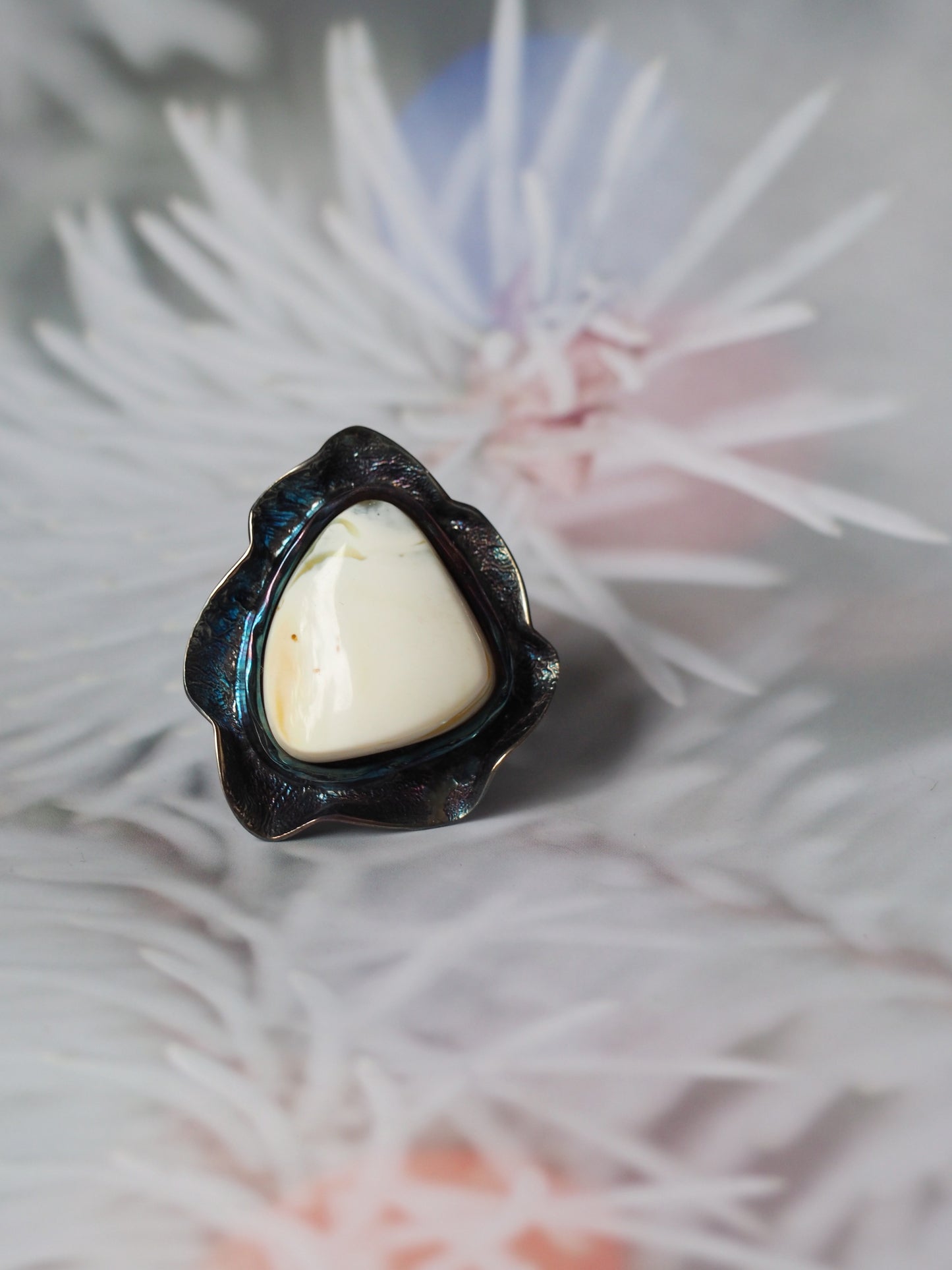 Pure Royal White Amber Ring with Oxidized Silver 925 with Blue Hue