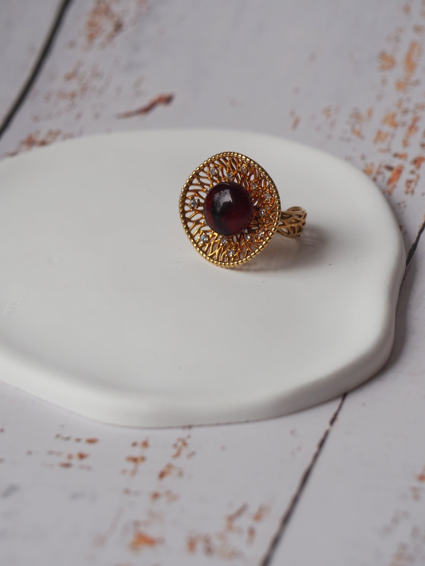 Supertree Ring with Cherry Amber and Cubic Zirconias in Gold Plated Silver