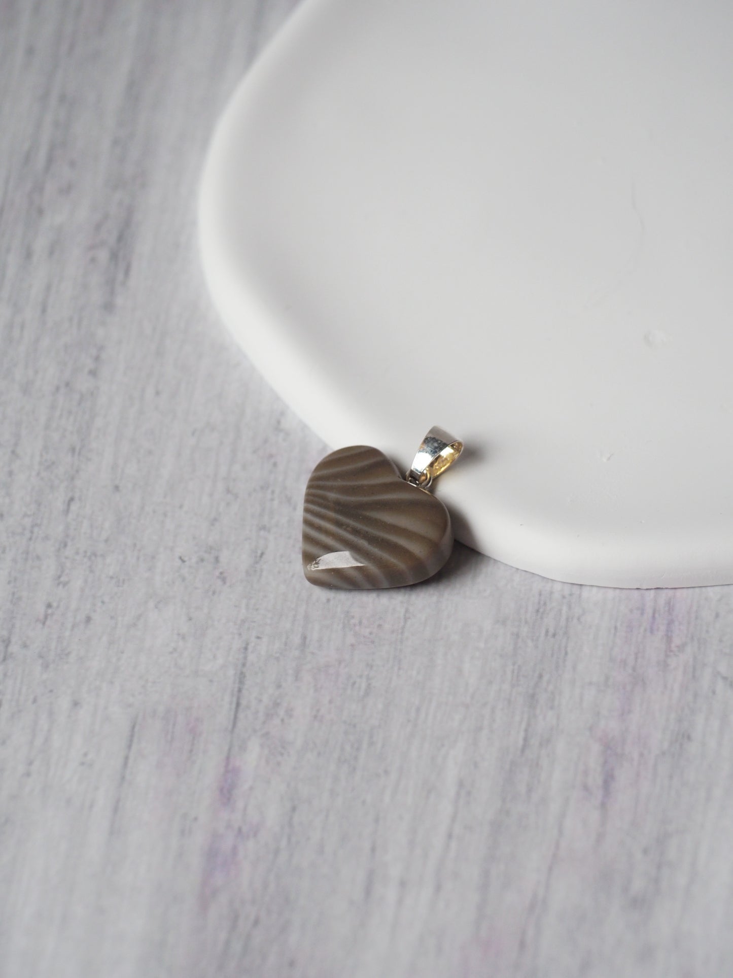 Natural Heart Shaped Striped Flint Pendant with Silver Hook