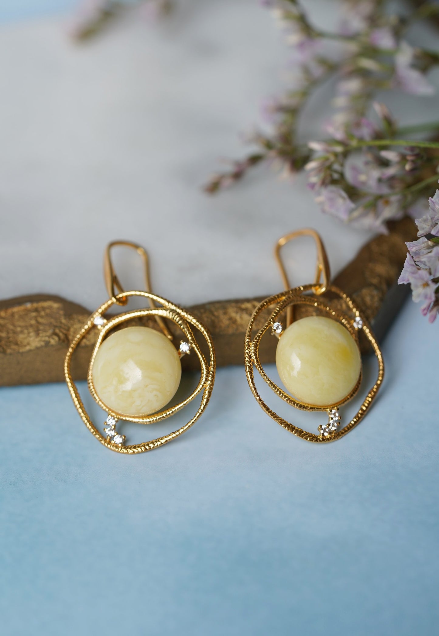 Delicate Round Irregular Royal White Amber Earrings with Cubic Zirconias in Gold Plated Silver