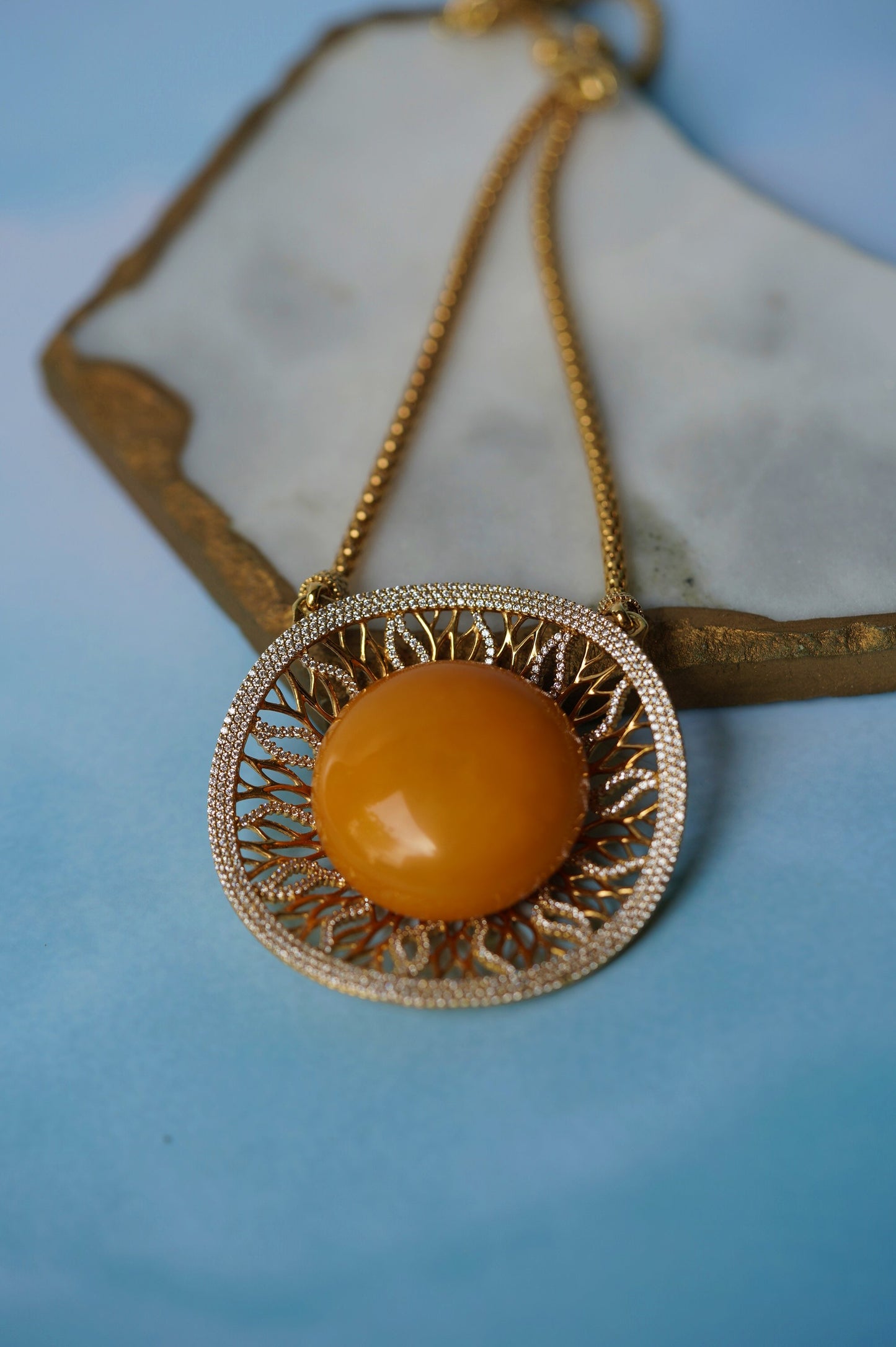RUNWAY PIECE Unique Huge Supertree Inspired Honey Amber Pendant with Cubic Zirconias