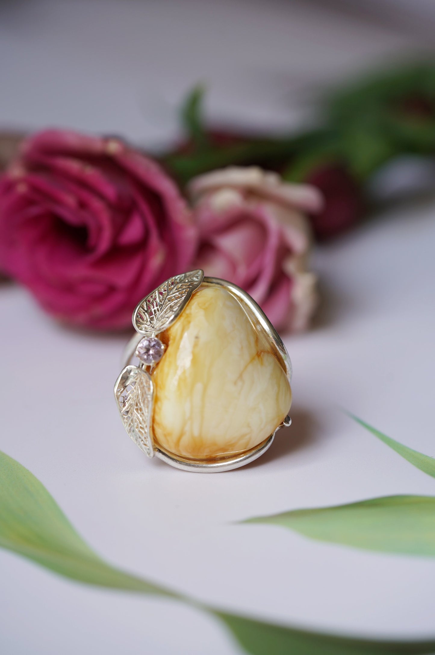 Irregular Royal White Amber Ring With Silver Frame And Amethyst