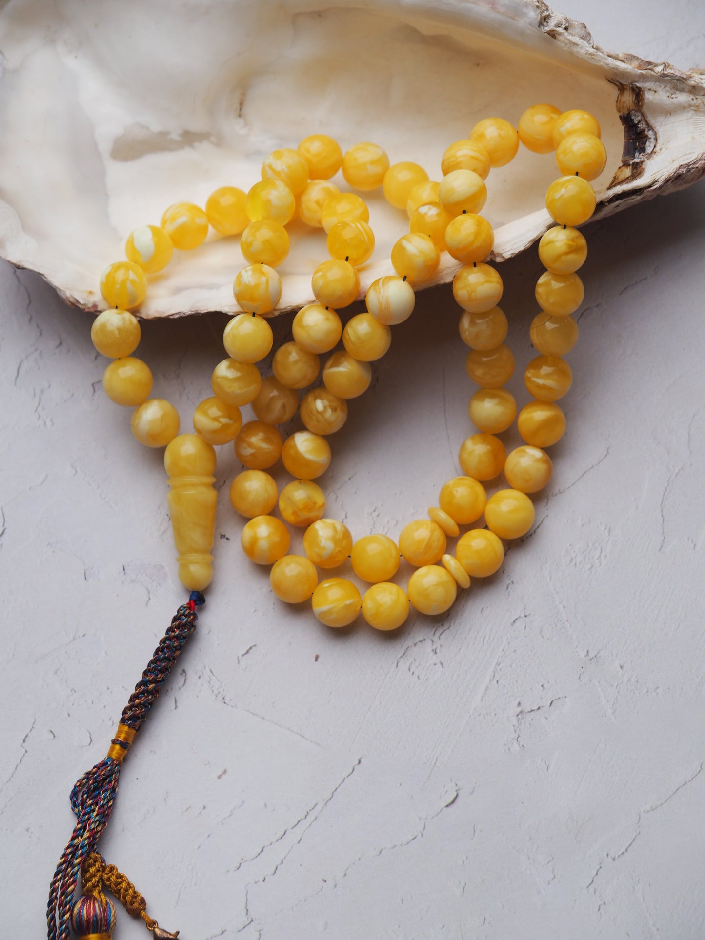 Newly Crafted Light Milk & Tiger Pattern Amber Tasbih – 66 Beads | 9.5 mm | with Horse Charm