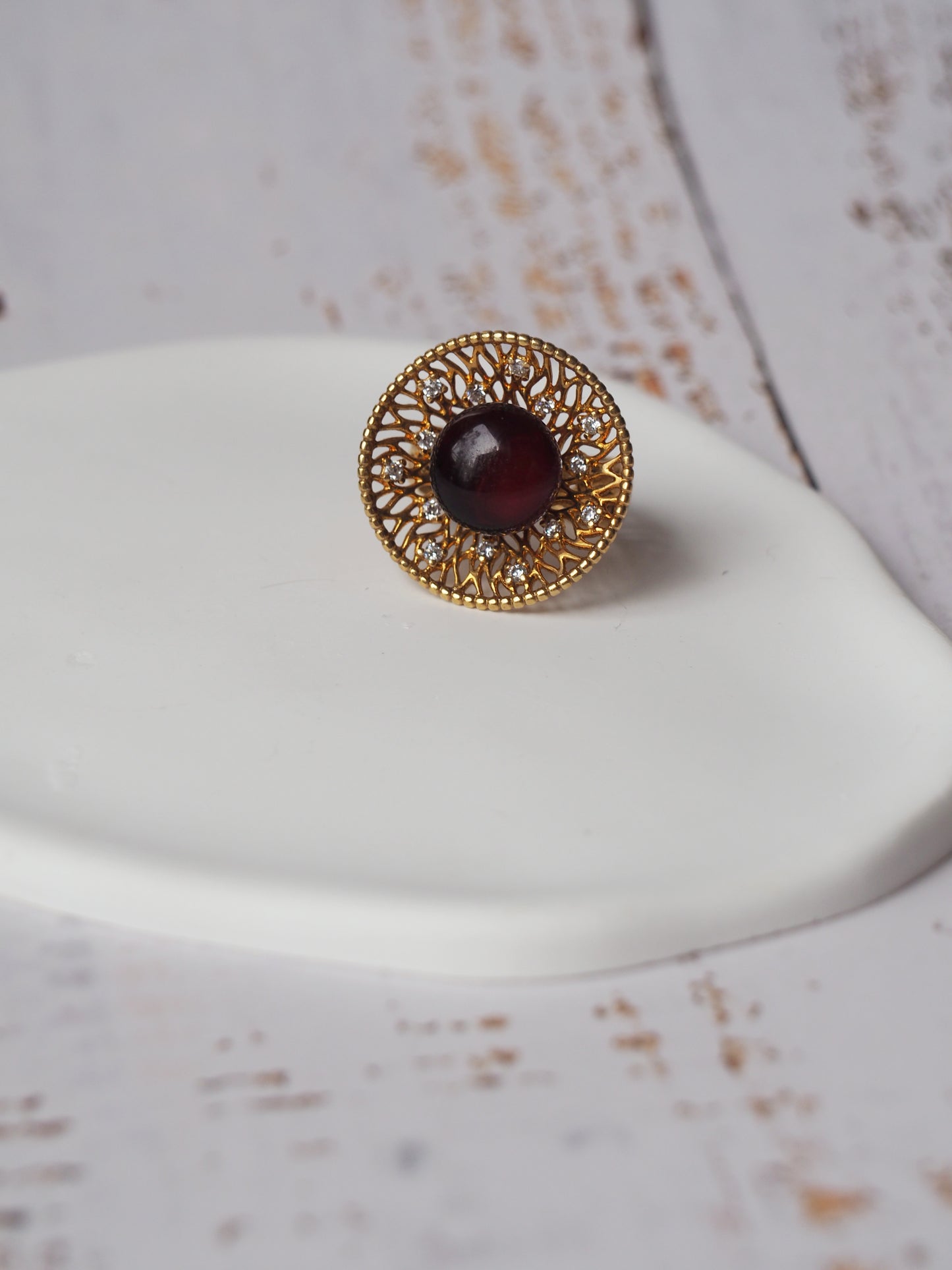 Supertree Ring with Cherry Amber and Cubic Zirconias in Gold Plated Silver