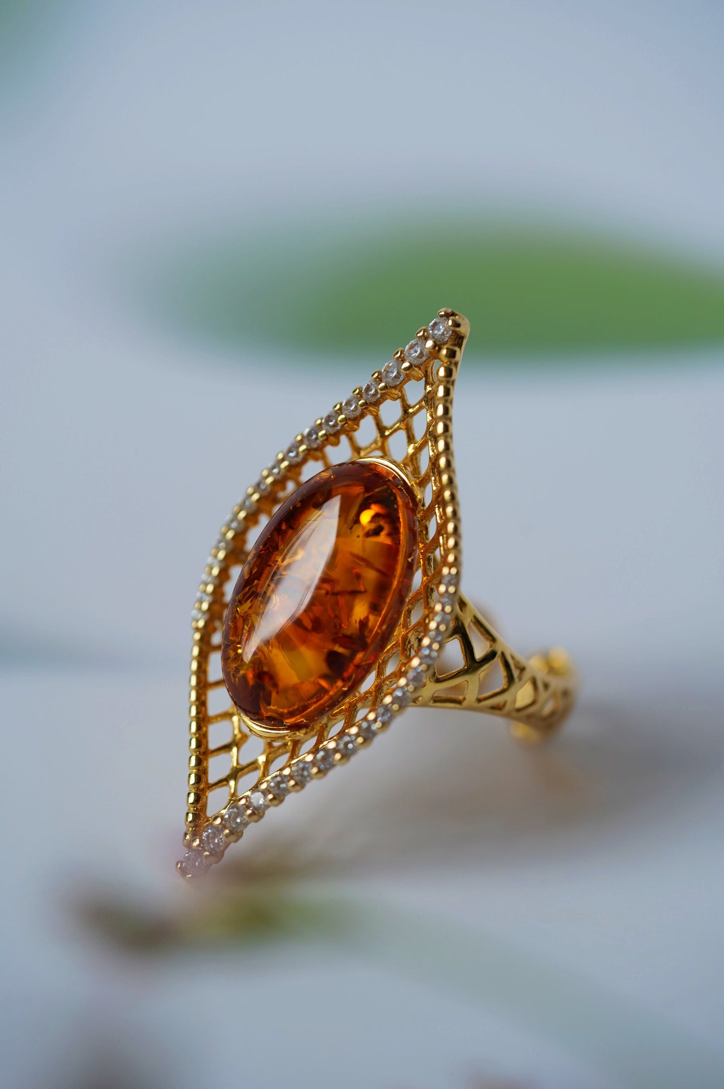 Marquise Shape Ring with Natural Cognac Amber and Cubic Zirconias in Gold Plated Silver